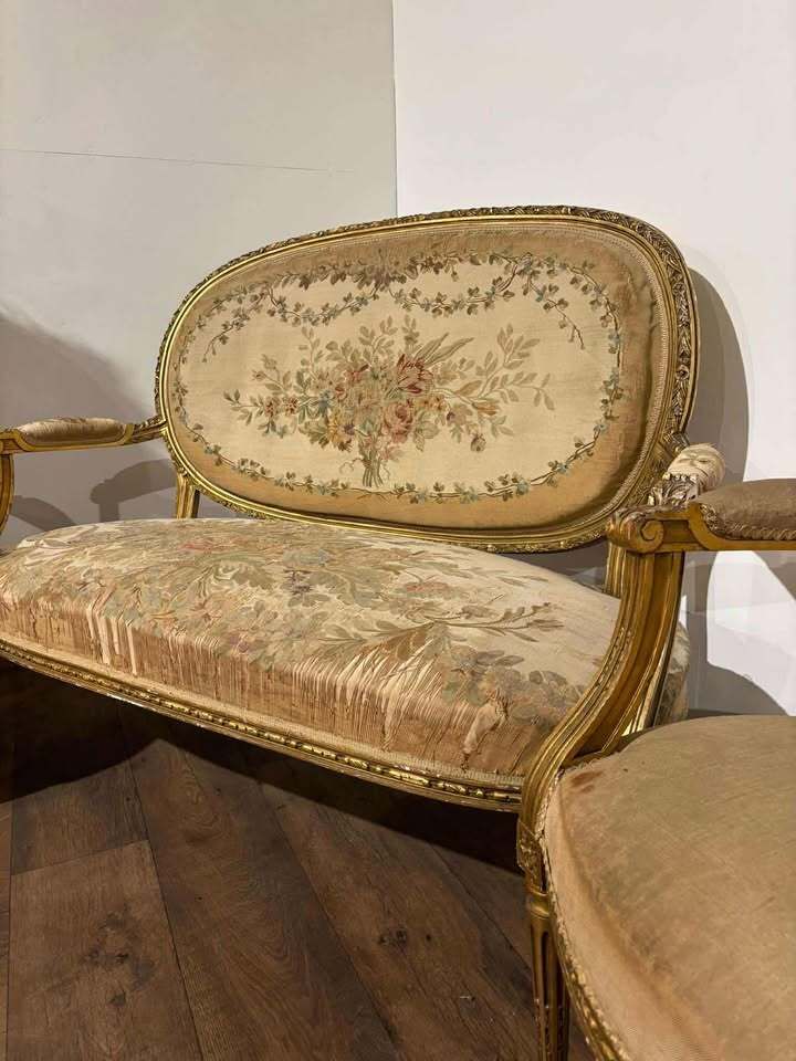 Furniture 19th Century French Gilt & Moulded Tapestry Three Piece Salon Suite photo