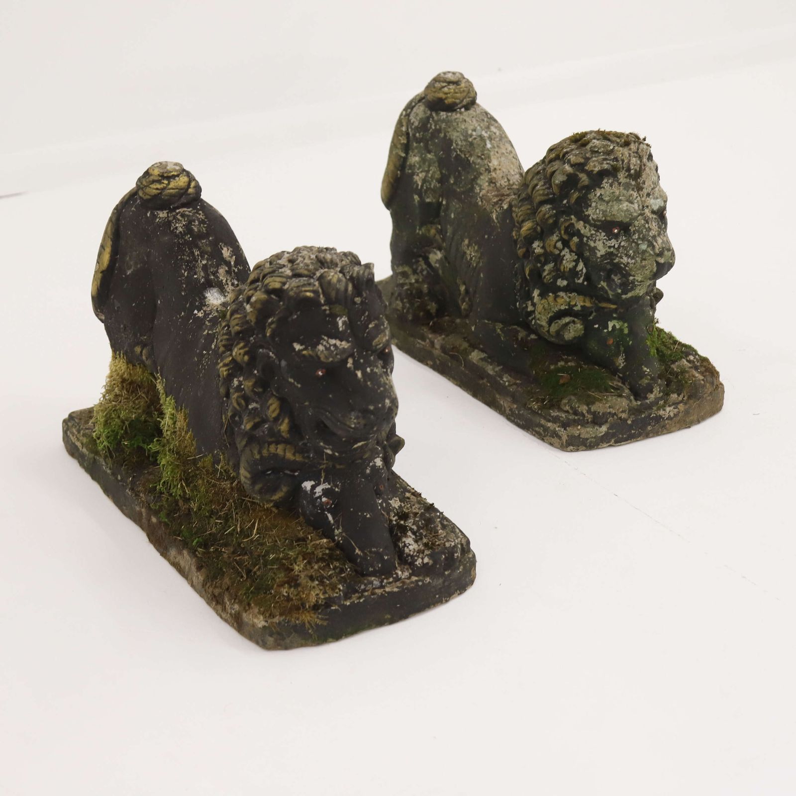 Pair Of Decorative Garden Ornament Lions With Rams Heads In Old Paint photo for sale