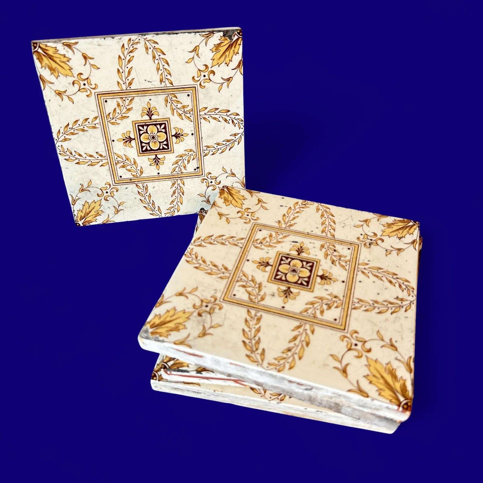 Antique Minton Victorian Tiles, 1891 Floral Transferware, Set Of 5, Yellow photo furniture