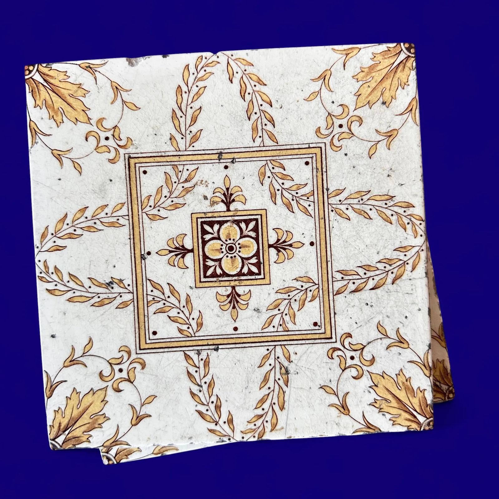 Antique Minton Victorian Tiles, 1891 Floral Transferware, Set Of 5, Yellow photo buy