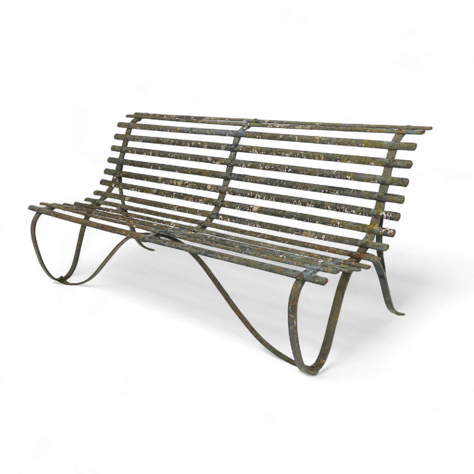 19th C Wrought Iron Strapwork Garden Bench With Scrolled Legs & Old Green Paint