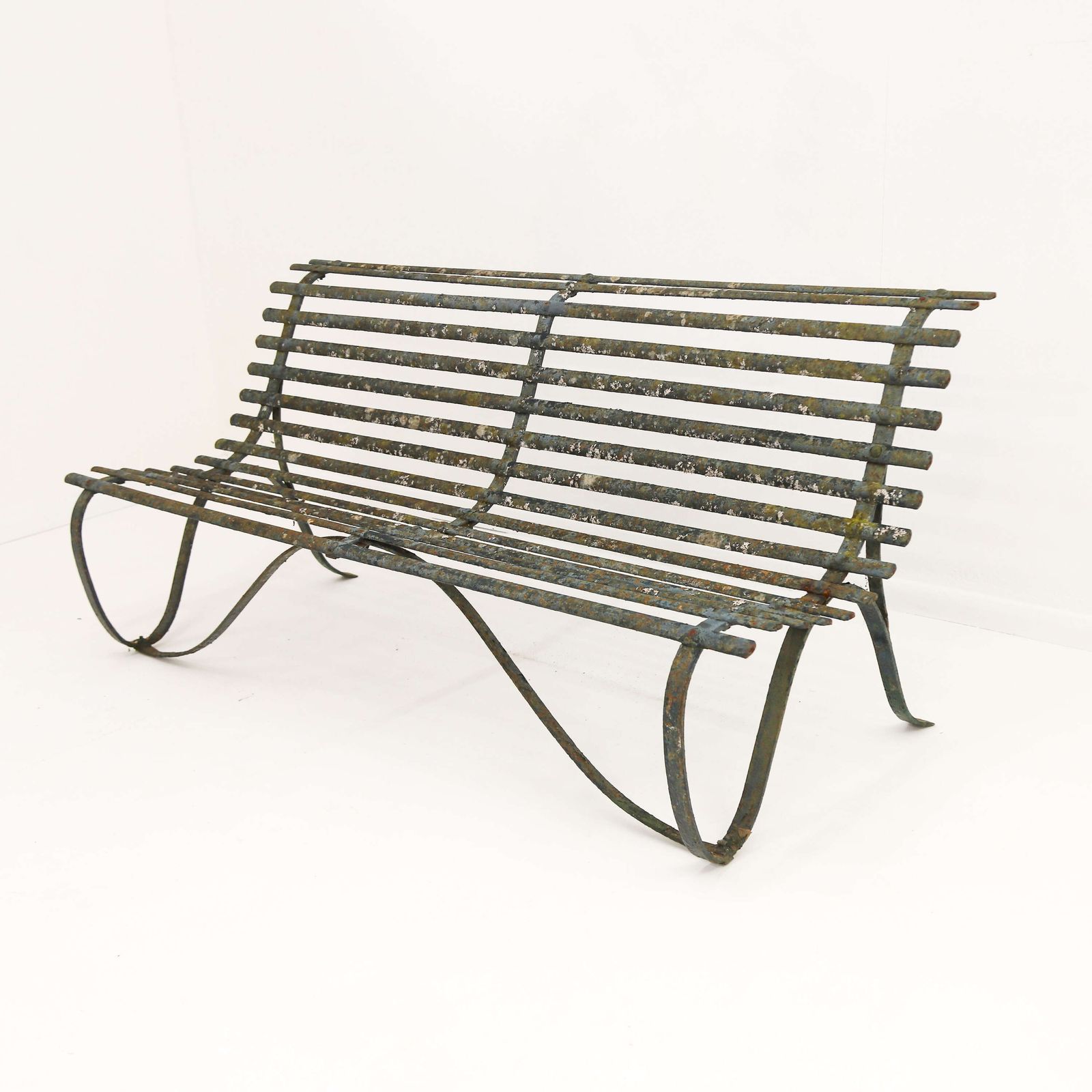 19th C Wrought Iron Strapwork Garden Bench With Scrolled Legs & Old Green Paint photo Garden Furniture