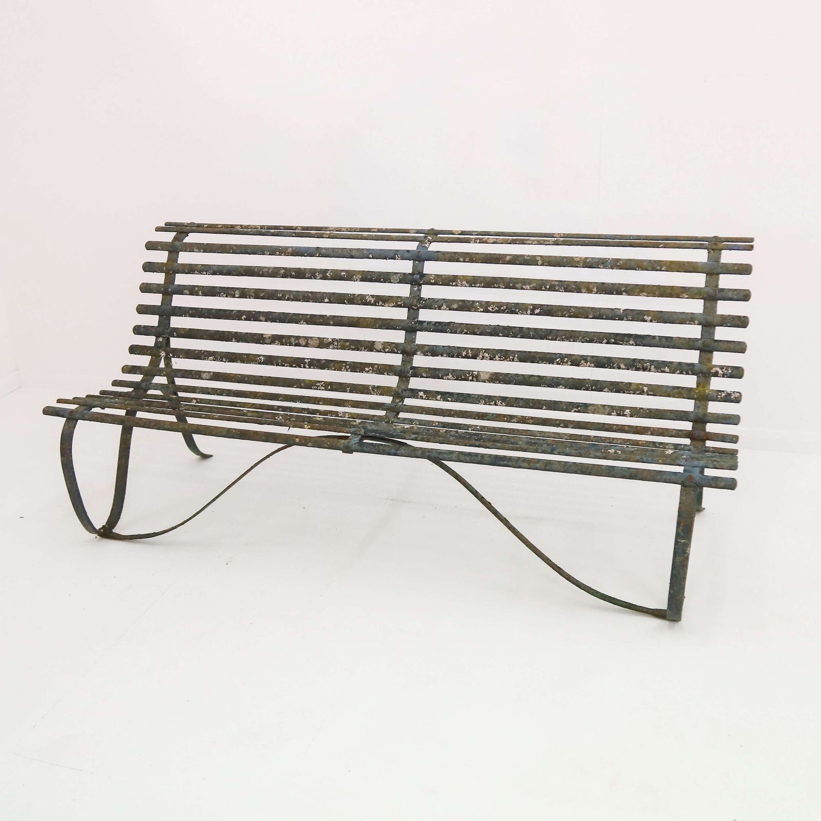 19th C Wrought Iron Strapwork Garden Bench With Scrolled Legs & Old Green Paint photo 2225.0