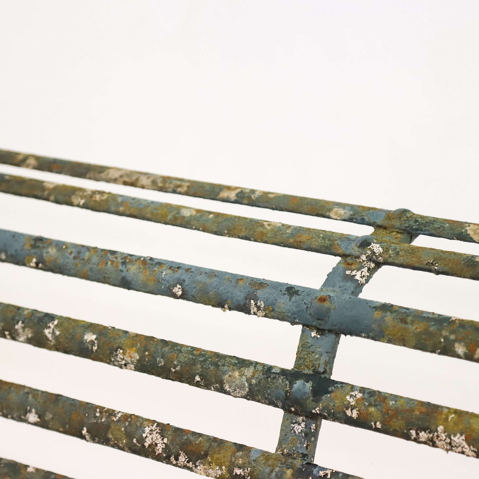 photo furniture 19th C Wrought Iron Strapwork Garden Bench With Scrolled Legs & Old Green Paint