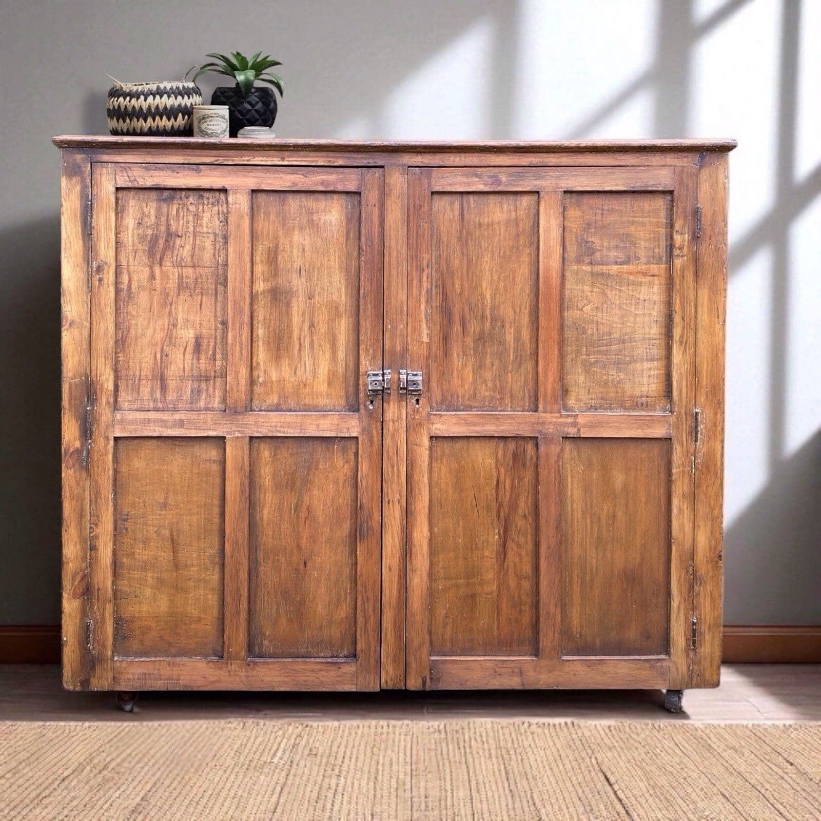 Rustic Large Antique Vintage Early 1900’s Pine And Ply School Cupboard
