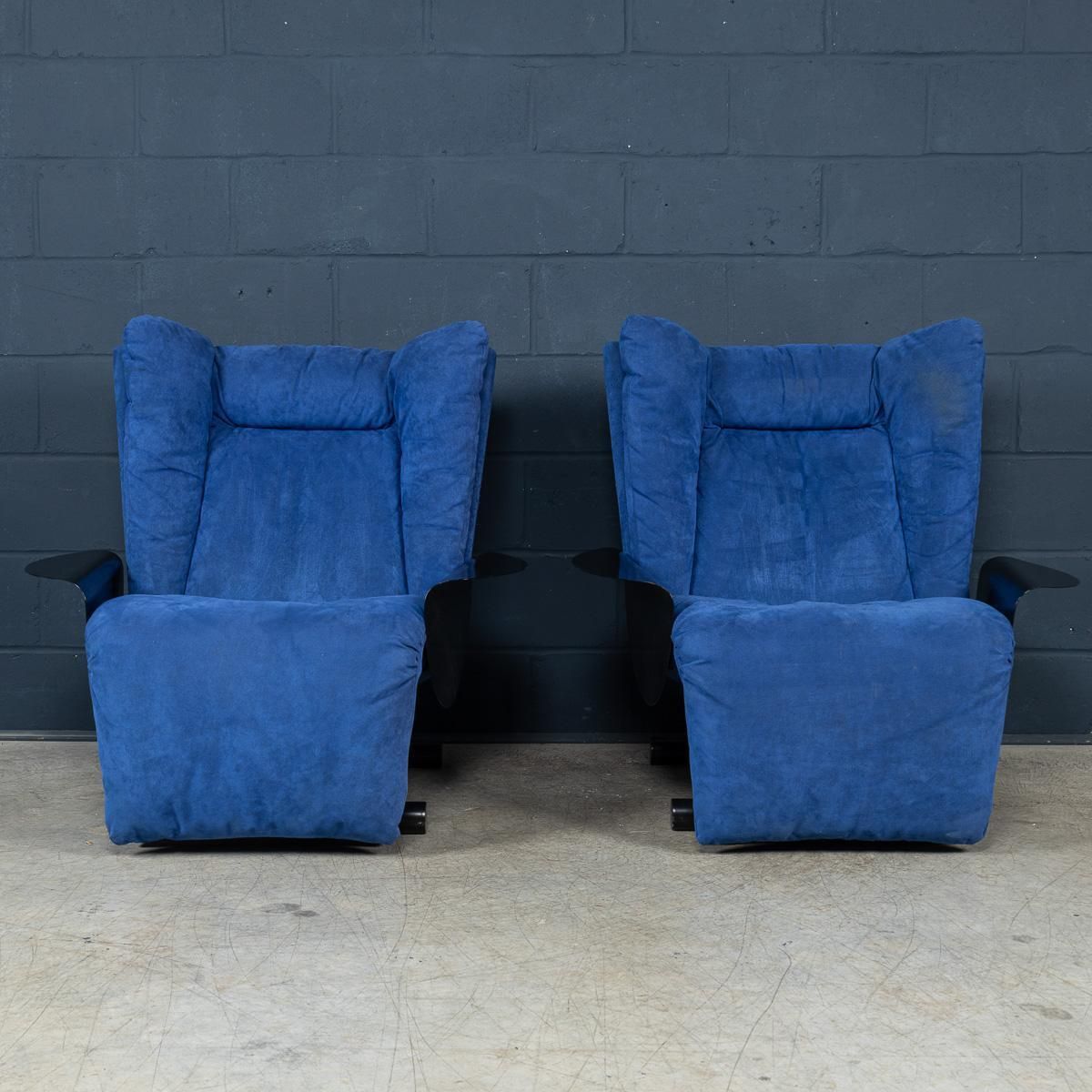 20thc Italian Pair Of Blue Alcantara Leather Reclining Armchairs By Cinova C1980 photo for sale