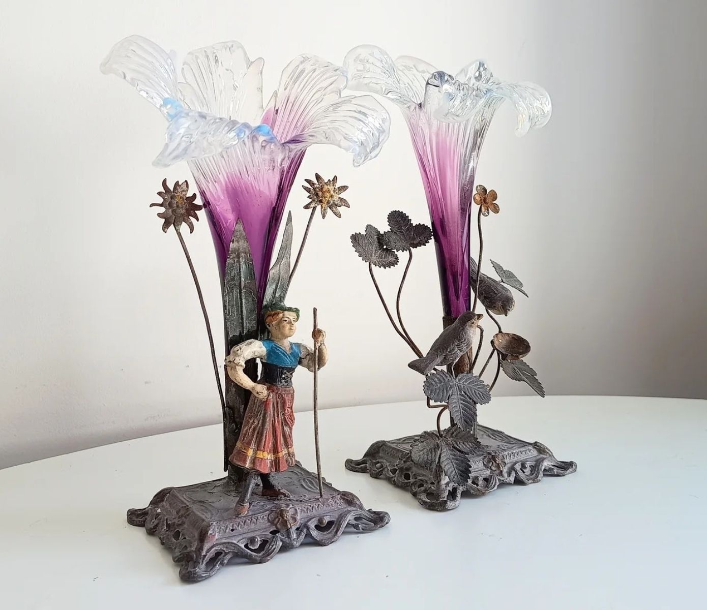 photo furniture Two Vienna School Art Nouveau Floriform Glass Solifleur Vases With Cold Painted Metal Pedestals Wilhelm Kralik Sohne Style Circa 1890–1910