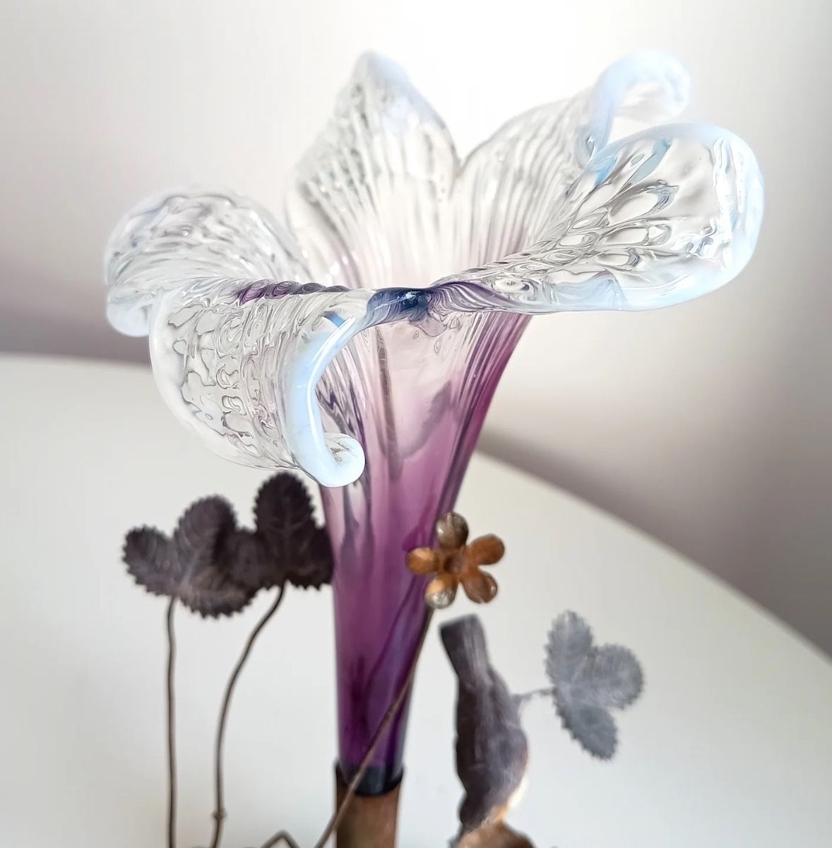 Two Vienna School Art Nouveau Floriform Glass Solifleur Vases With Cold Painted Metal Pedestals Wilhelm Kralik Sohne Style Circa 1890–1910 photo for sale