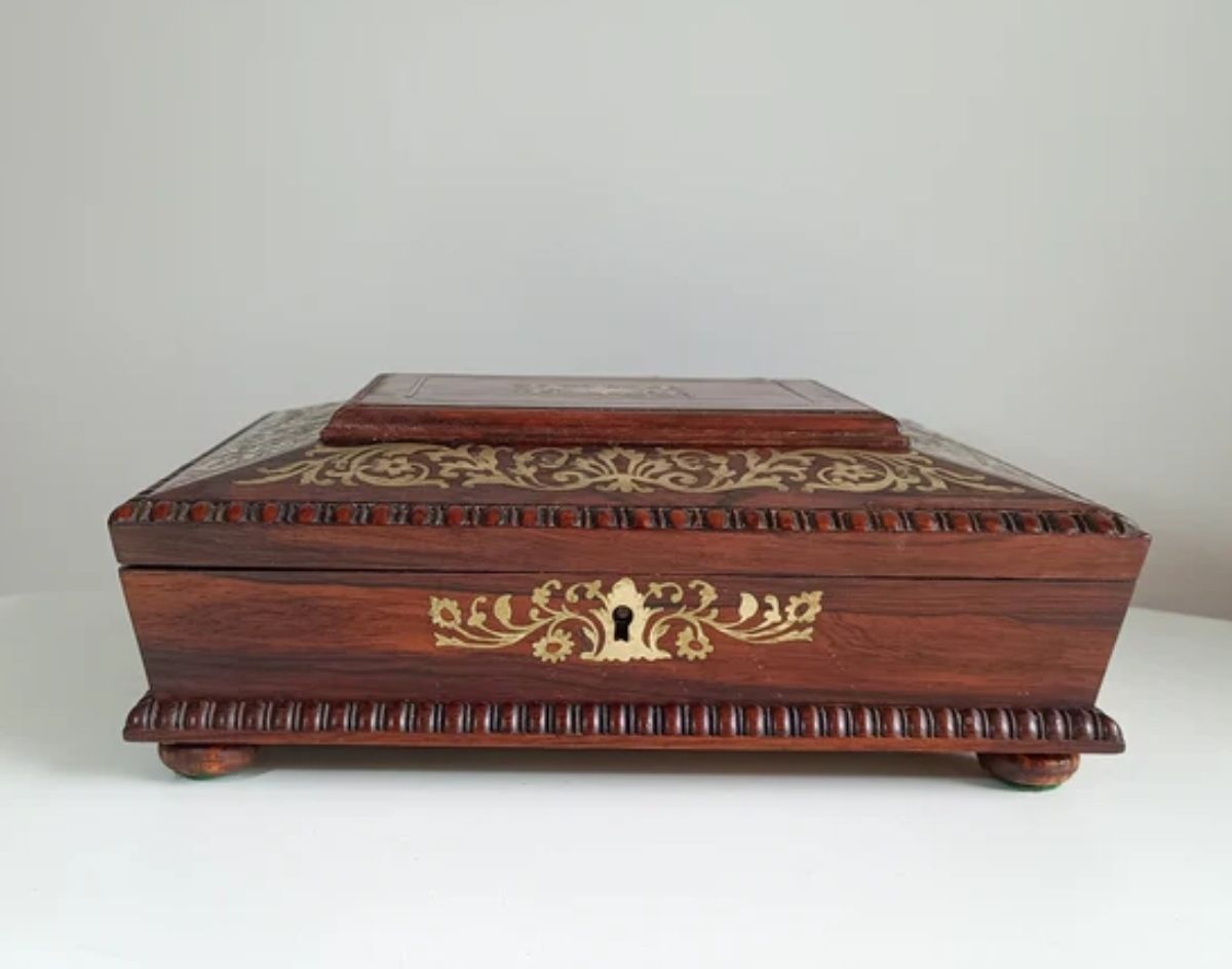 Antique 1830s Regency Boulle Work Casket Box Mahogany Or Rosewood   Irish Or English photo Home Decor