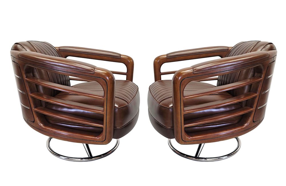 A Fabulous Handmade Walnut And Chrome Revolving Leather Armchair photo for sale