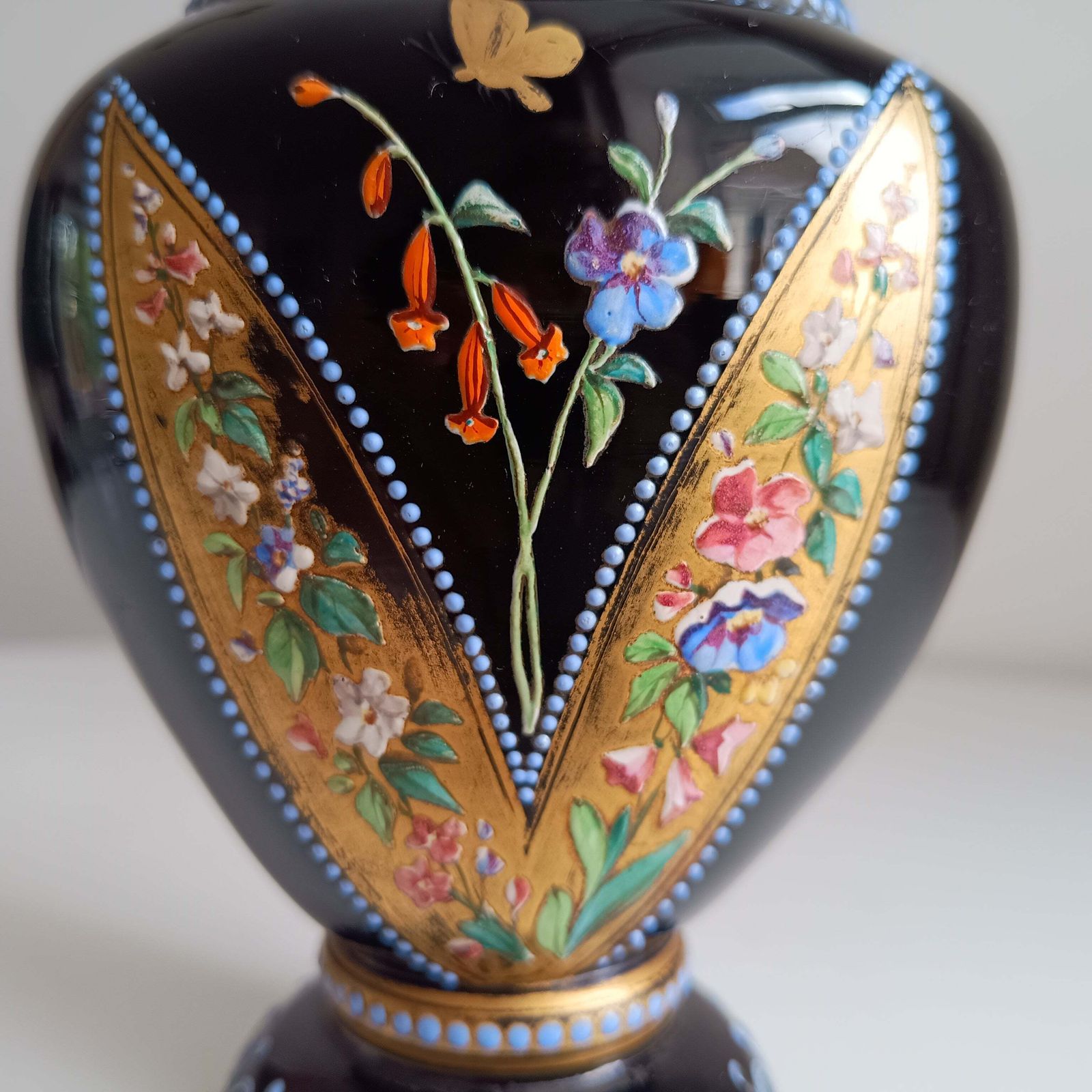 Rare Antique French Enamelled Black Glass Vase — Attributed To Legras Or Mont Joye, Neo Grec Belle époque 1885–1900 photo for sale