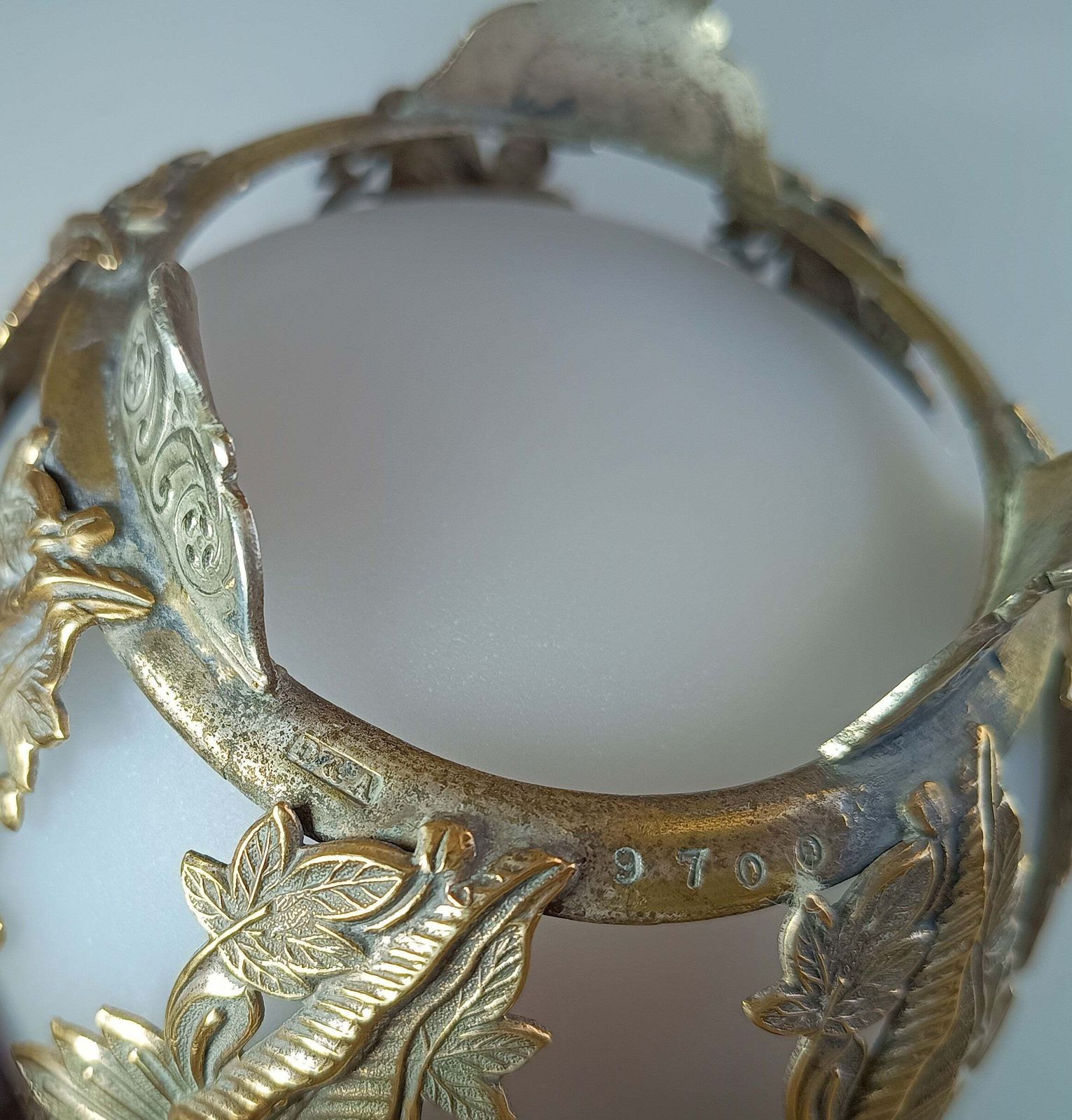 Vintage Aesthetic French Or English Repousse Metal Biscuits Basket With Frosted White Opaline Glass Bowl photo vinterior