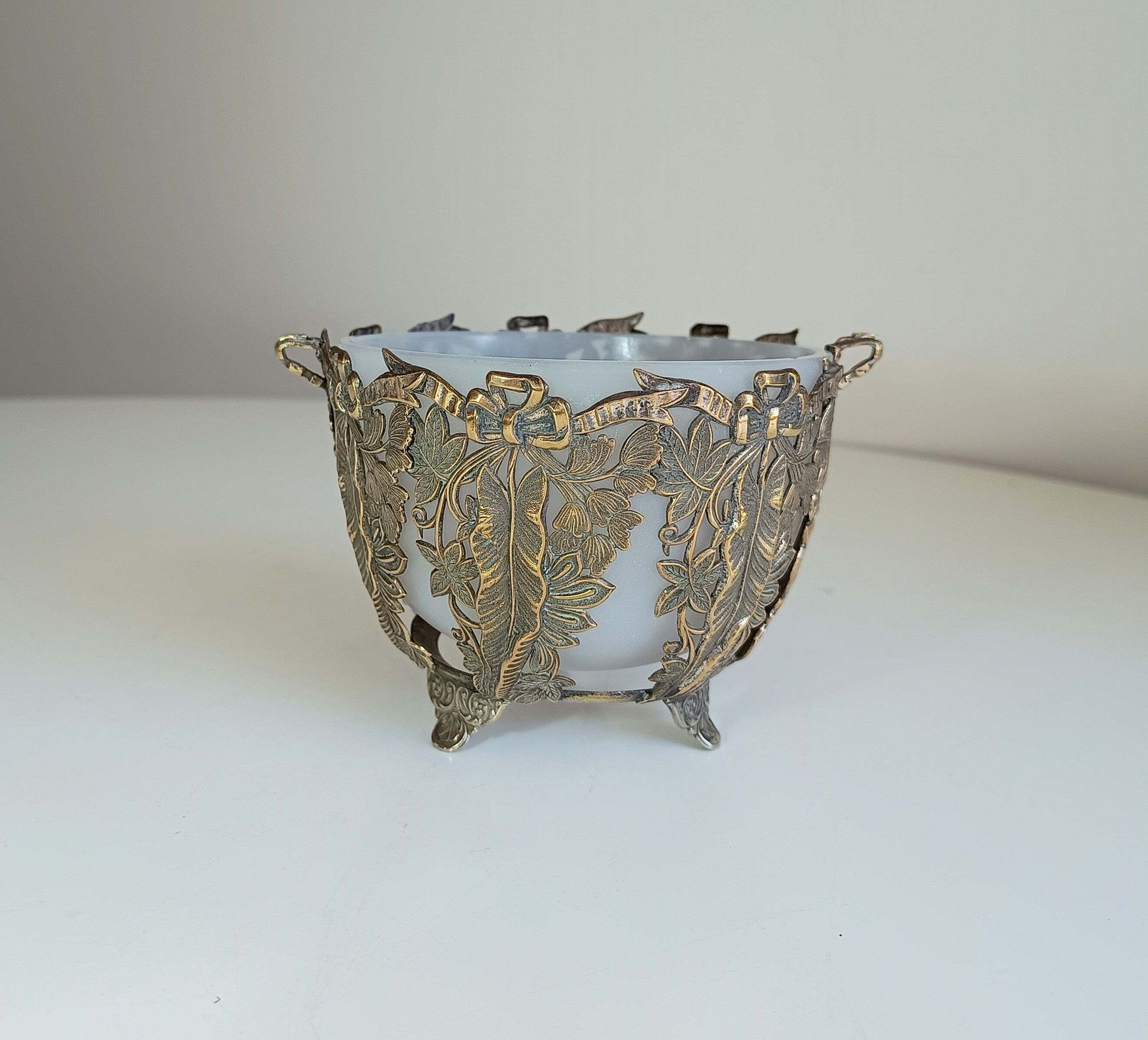 photo furniture Vintage Aesthetic French Or English Repousse Metal Biscuits Basket With Frosted White Opaline Glass Bowl