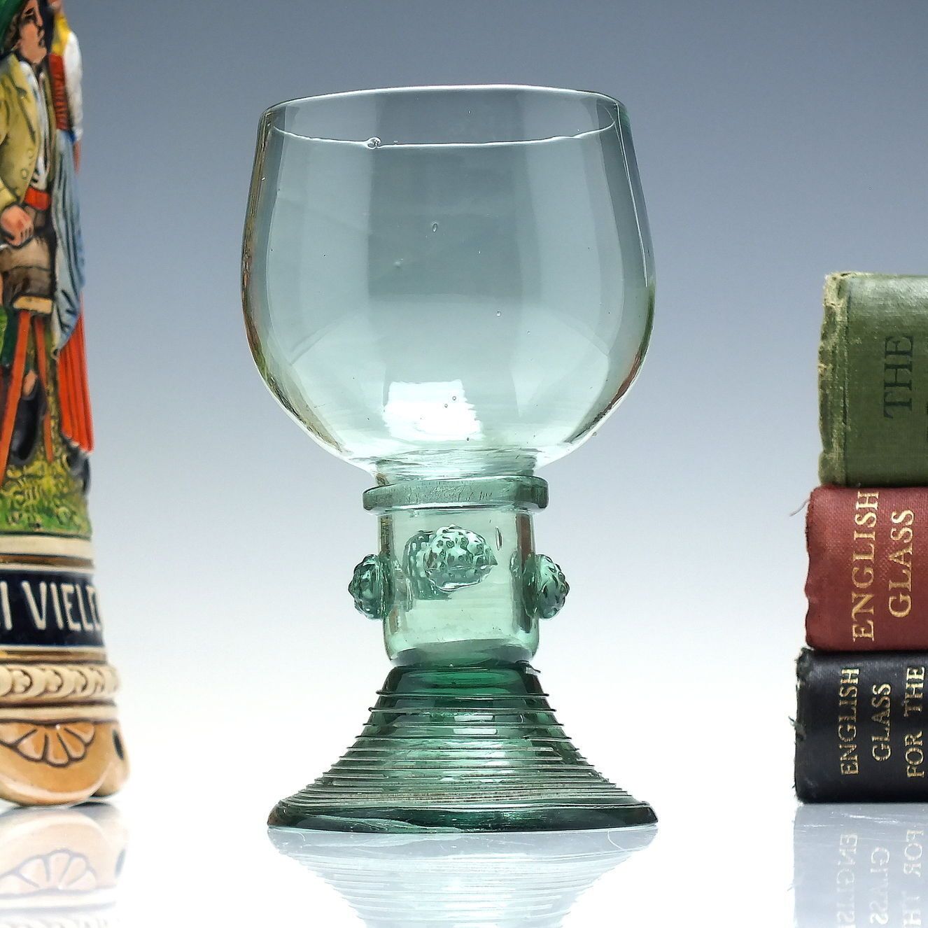 Antique 18th Century English Green Wine Roemer Glass With Hollow Stem C1790