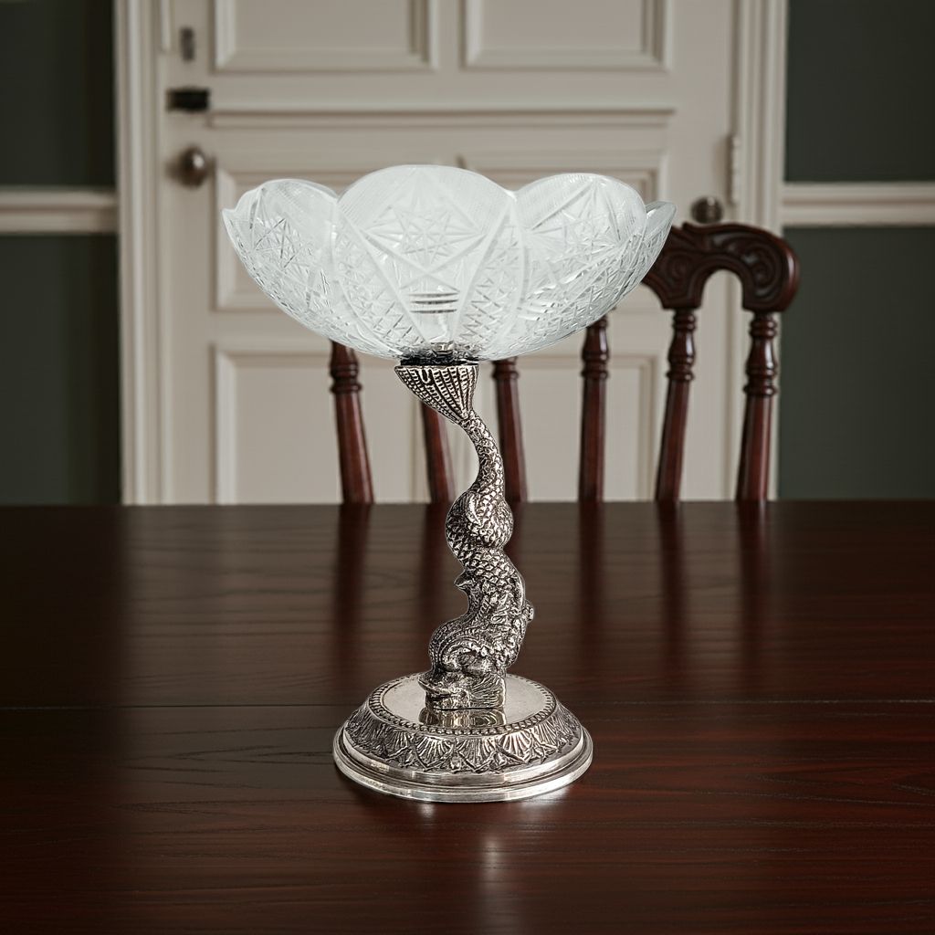 Antique French Biscuit Bowl With Cast Figural Dolphin Stand – Silver Plate & Cut Glass, 10.25" Tall photo furniture