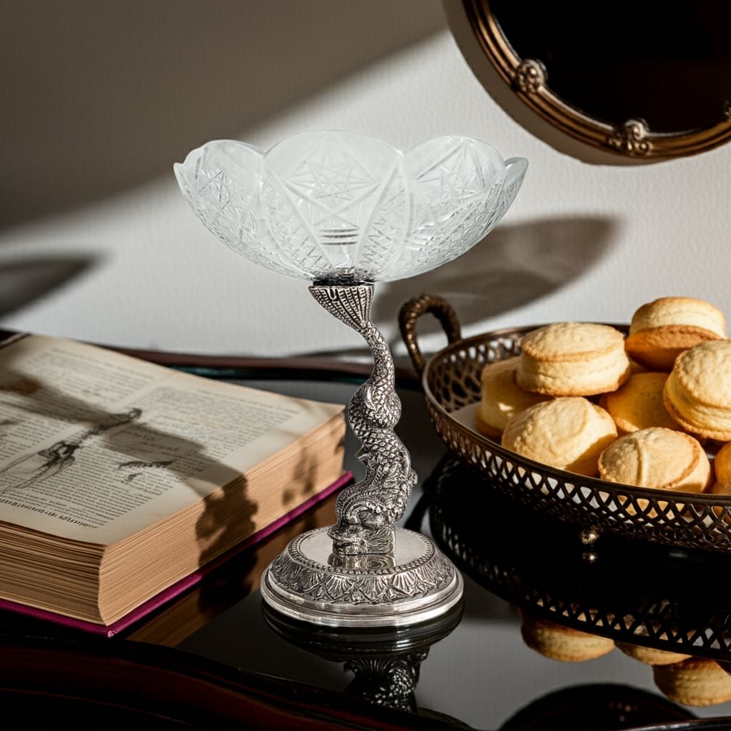 Antique French Biscuit Bowl With Cast Figural Dolphin Stand – Silver Plate & Cut Glass, 10.25" Tall photo for sale