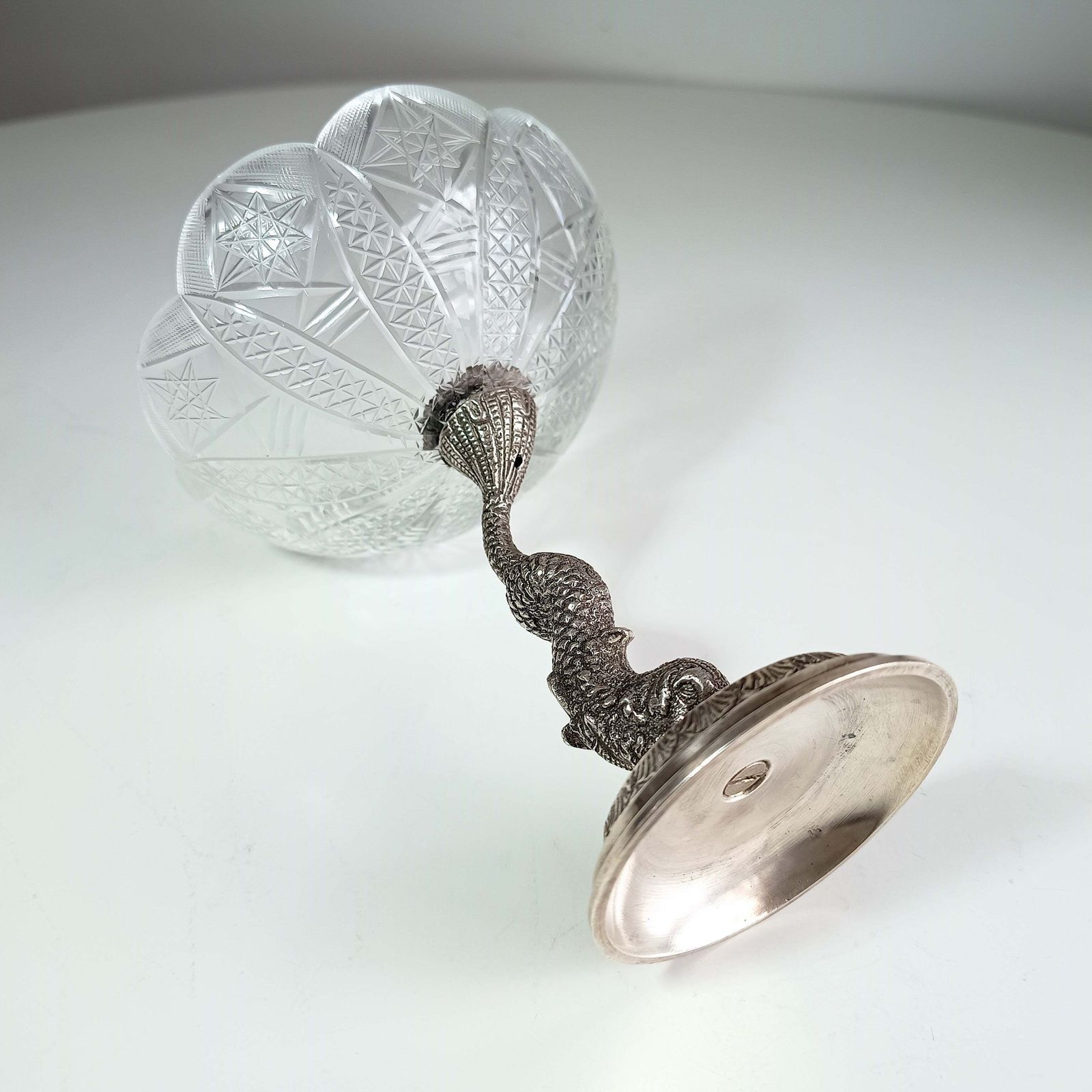 photo for sale Antique French Biscuit Bowl With Cast Figural Dolphin Stand – Silver Plate & Cut Glass, 10.25" Tall