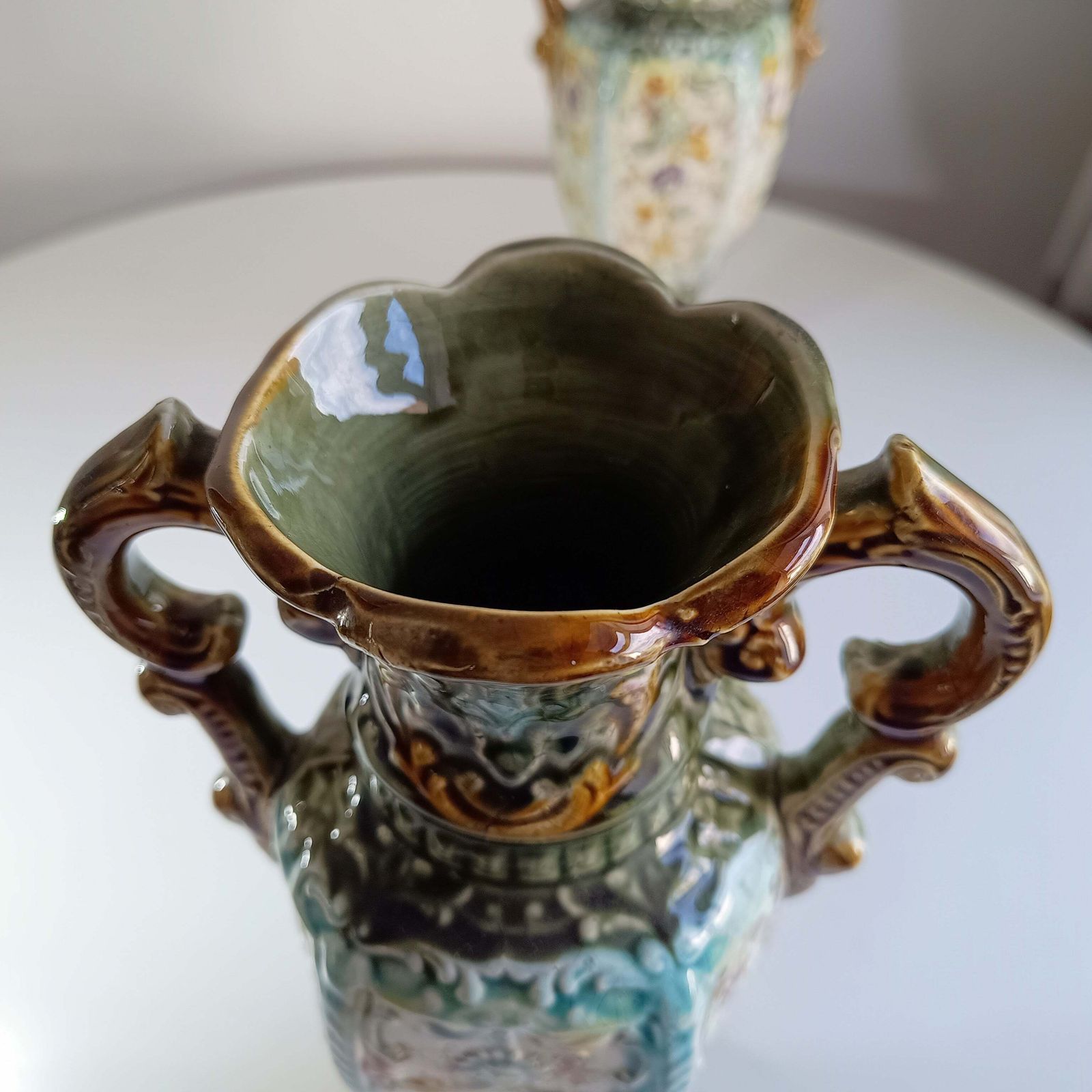 Art Nouveau Majolica Twin Handled Vases – Edwardian Staffordshire, Pair photo vintage