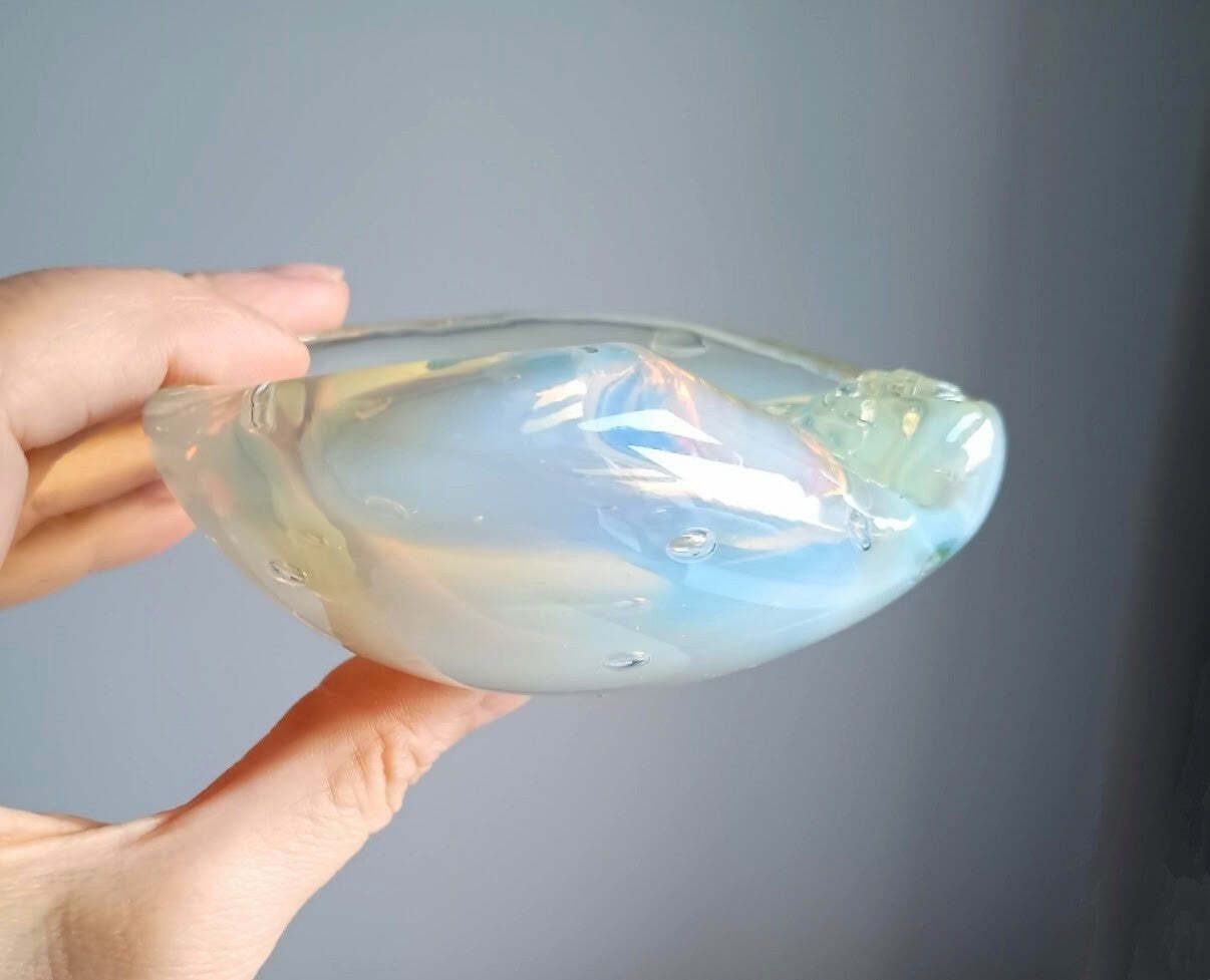 Authentic Vintage Midcentury Murano Opalescent Art Glass Bowl With Controlled Bubbles In Off White With Rainbow Pink And Yellow Flare