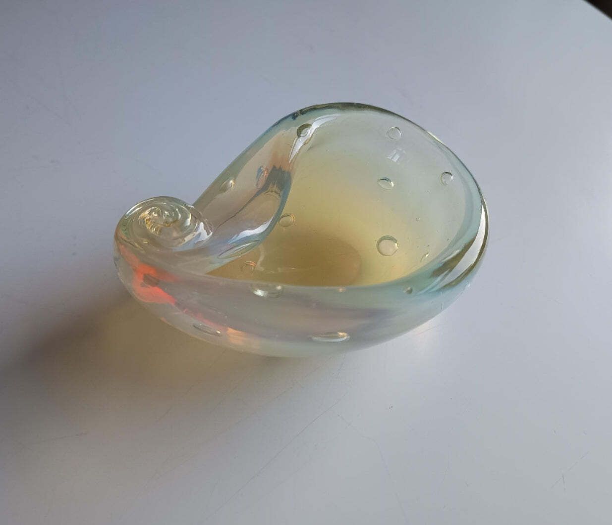 Authentic Vintage Midcentury Murano Opalescent Art Glass Bowl With Controlled Bubbles In Off White With Rainbow Pink And Yellow Flare photo 245.0