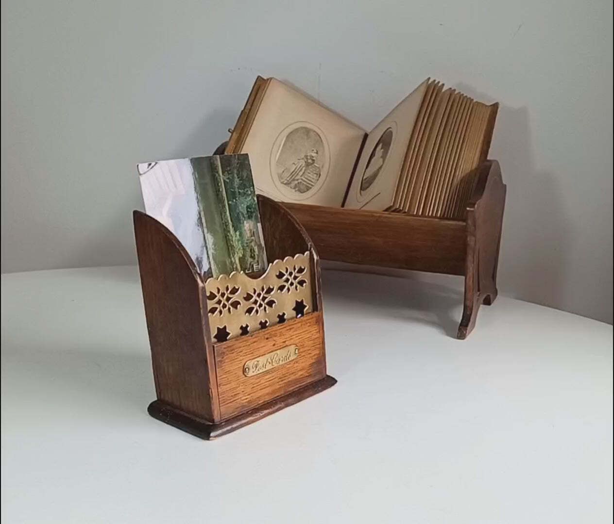Home Decor Late Victorian English Oak And Tabletop Post Cards Stand Or Letter Rack – Small Desktop Model, Rarely Found Marked Specifically For Post Cards photo