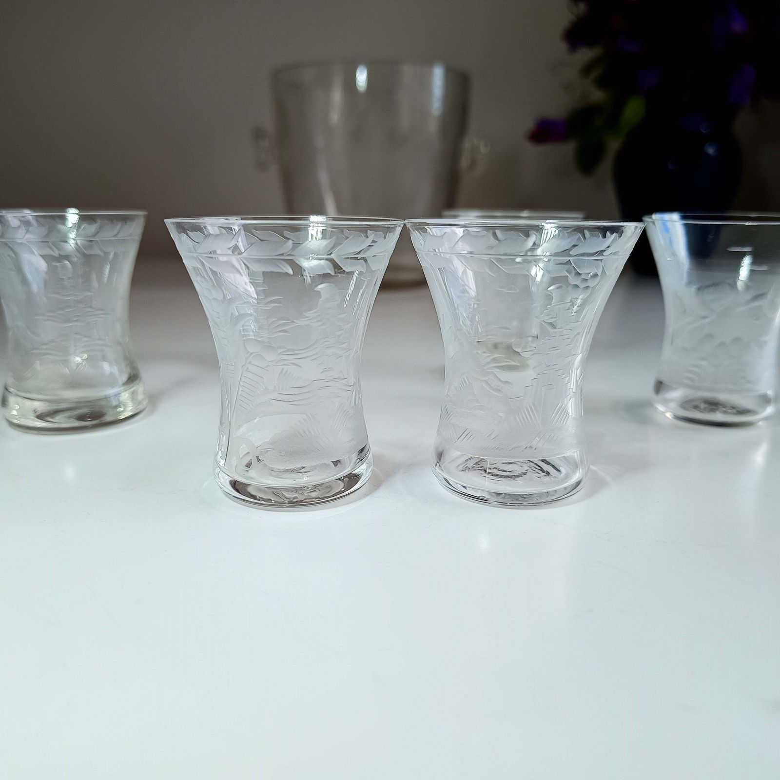 Lobmeyr Style Vintage Ice Bucket And Engraved Spirit Glasses – Early 20th Century Austrian Barware Set photo for sale