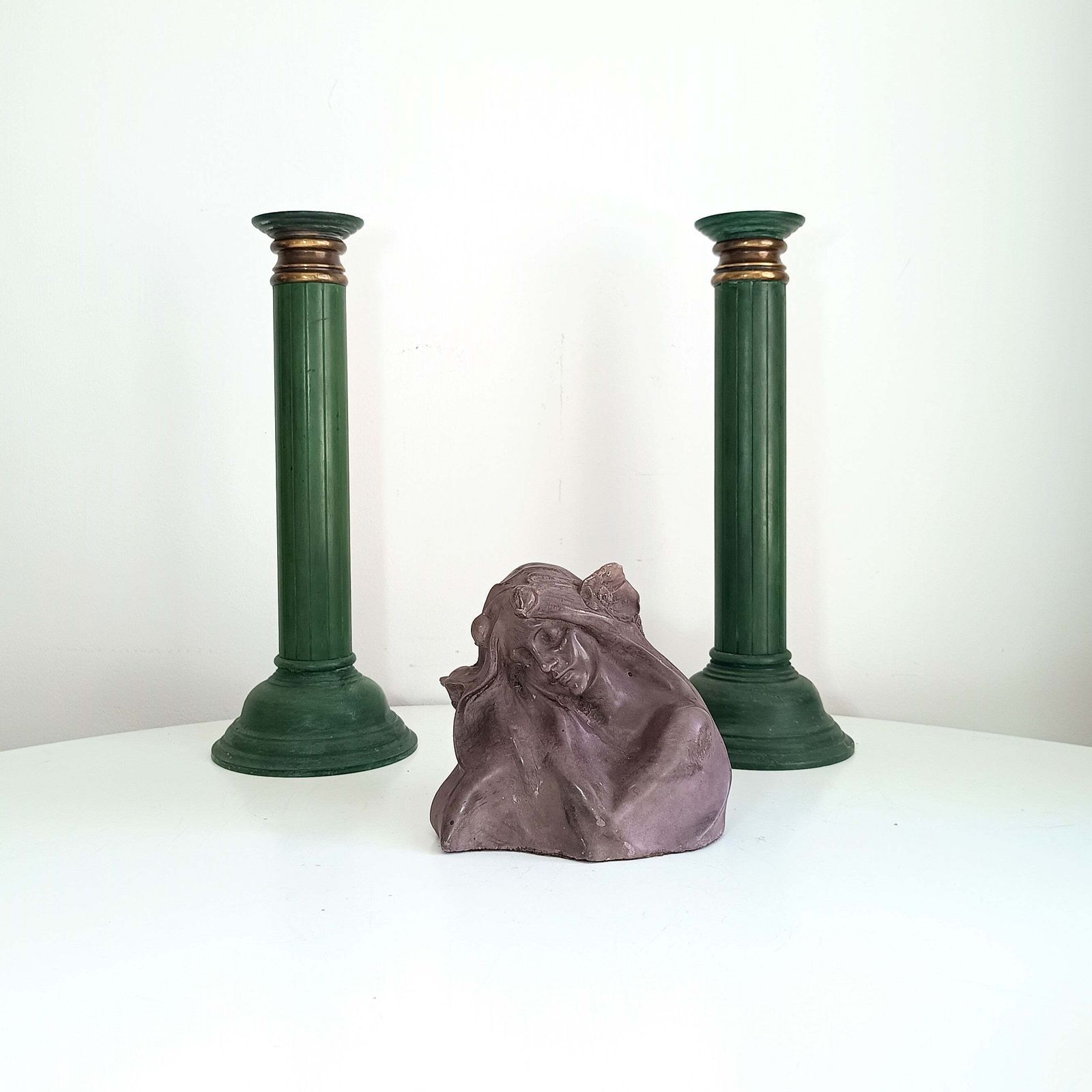 Pair Of Grand Heavy Bronze Neoclassical Column 3 Part Candlesticks In The Style Or By Jacques Adnet C 1930s Empire Revival Art Deco France photo furniture