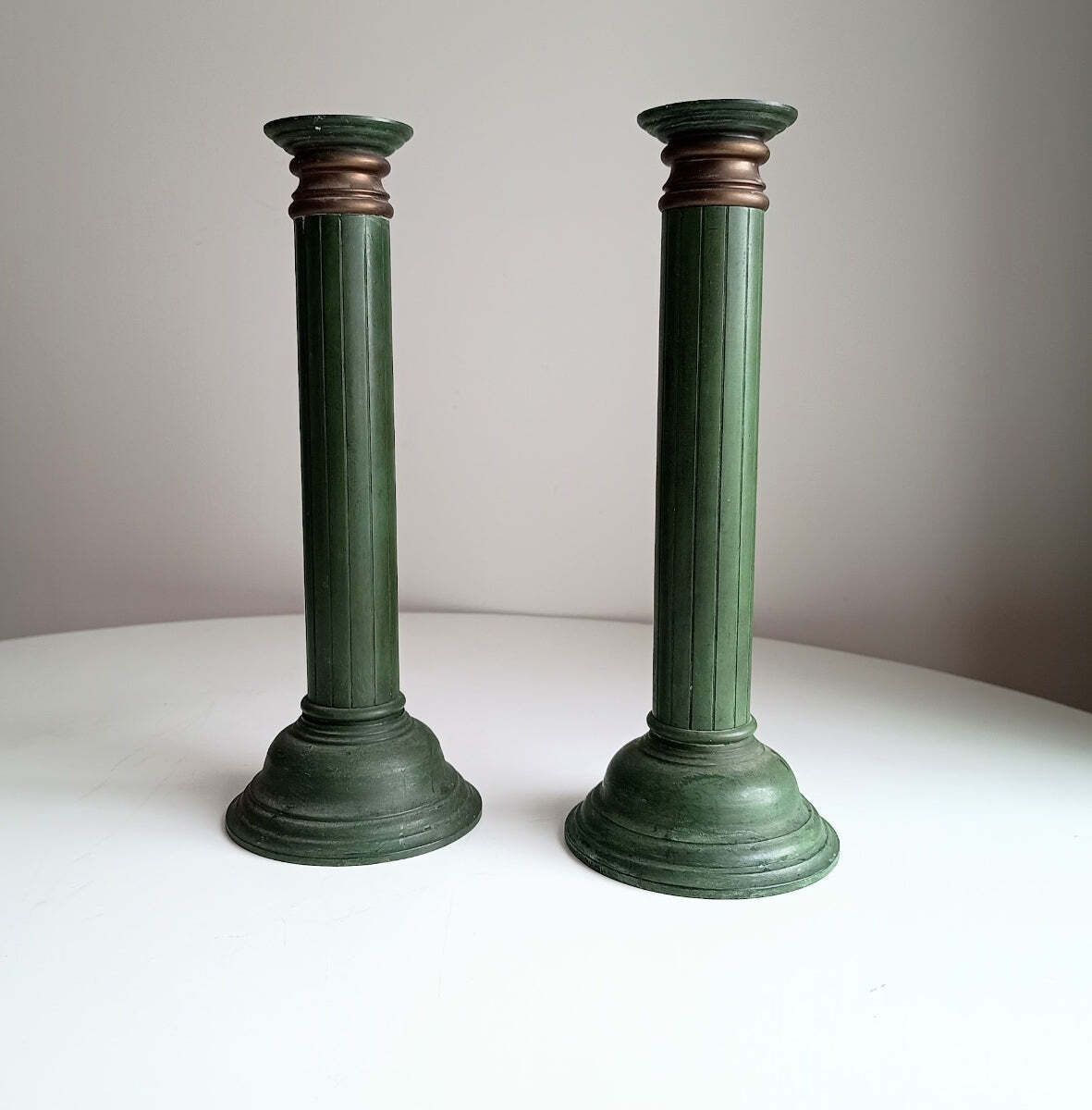 Pair Of Grand Heavy Bronze Neoclassical Column 3 Part Candlesticks In The Style Or By Jacques Adnet C 1930s Empire Revival Art Deco France photo for sale