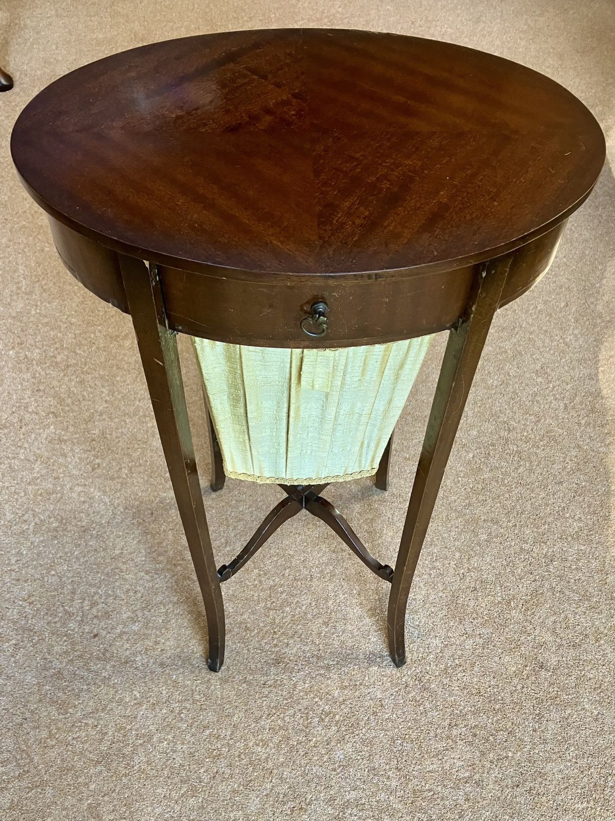 Elegant Side Table, Probably Originally Made For Sewing/Embroidery. In Mahogany And Silk.