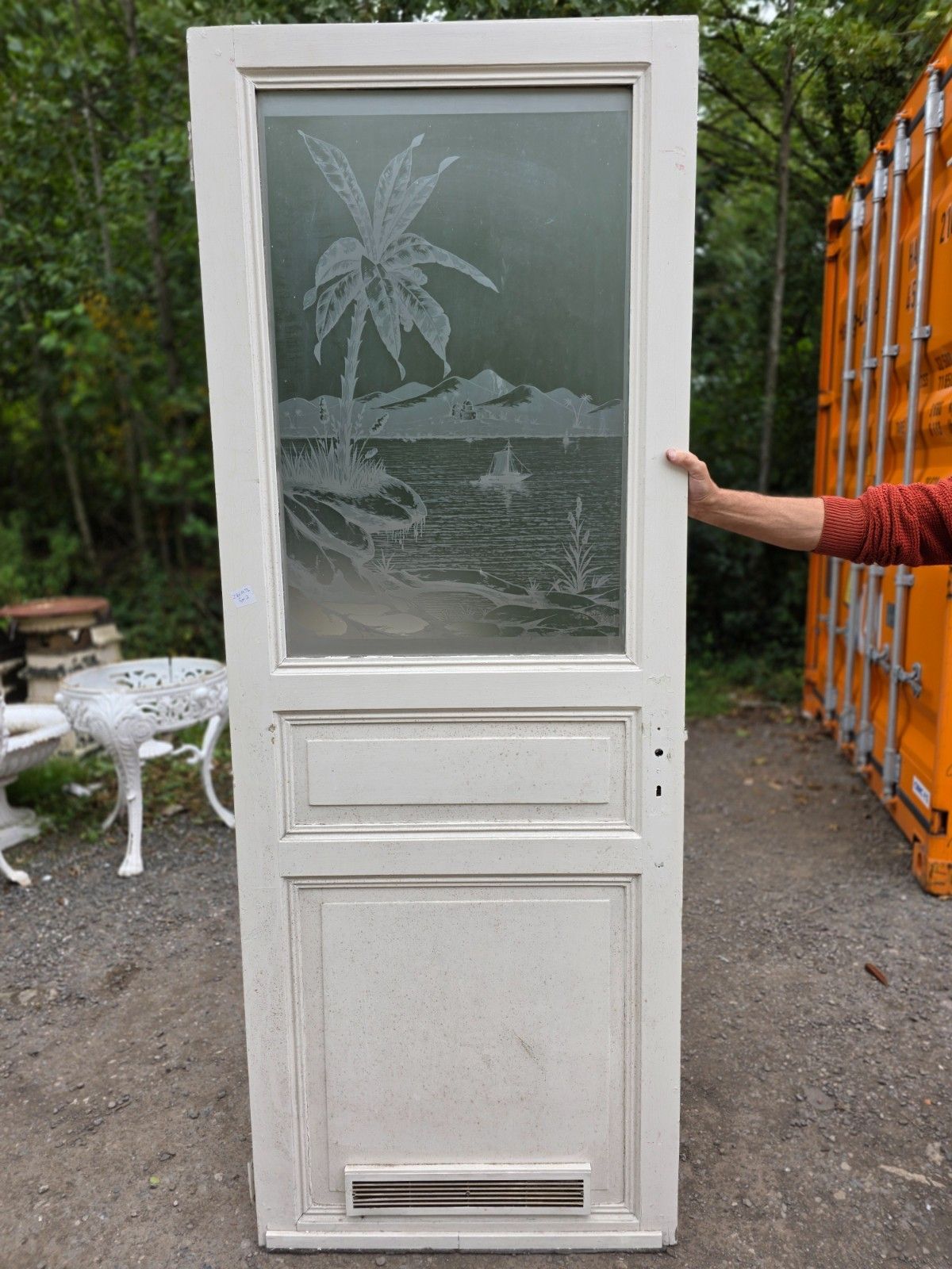 Antique Internal Etched Glass Door With Mediterranean Scene photo for sale