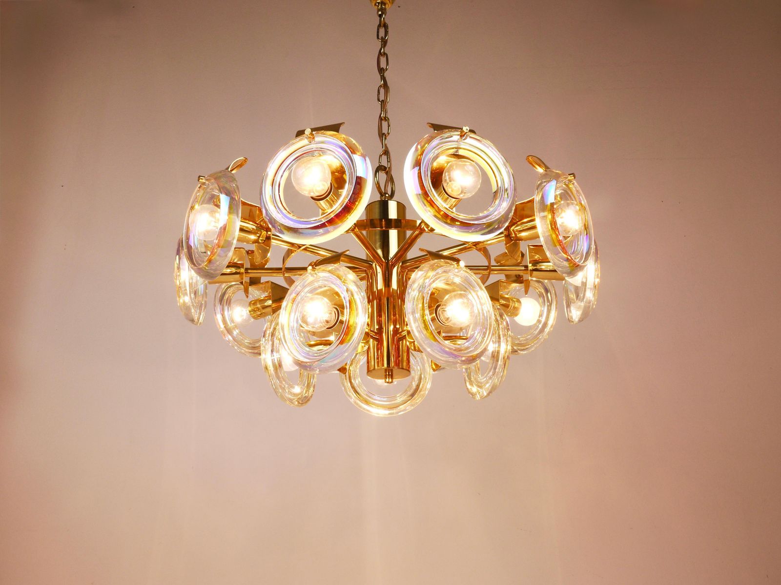 Oscar Torlasco Large Brass Chandelier, Optical Rainbow Glass Rings, Italy, 1970s photo furniture