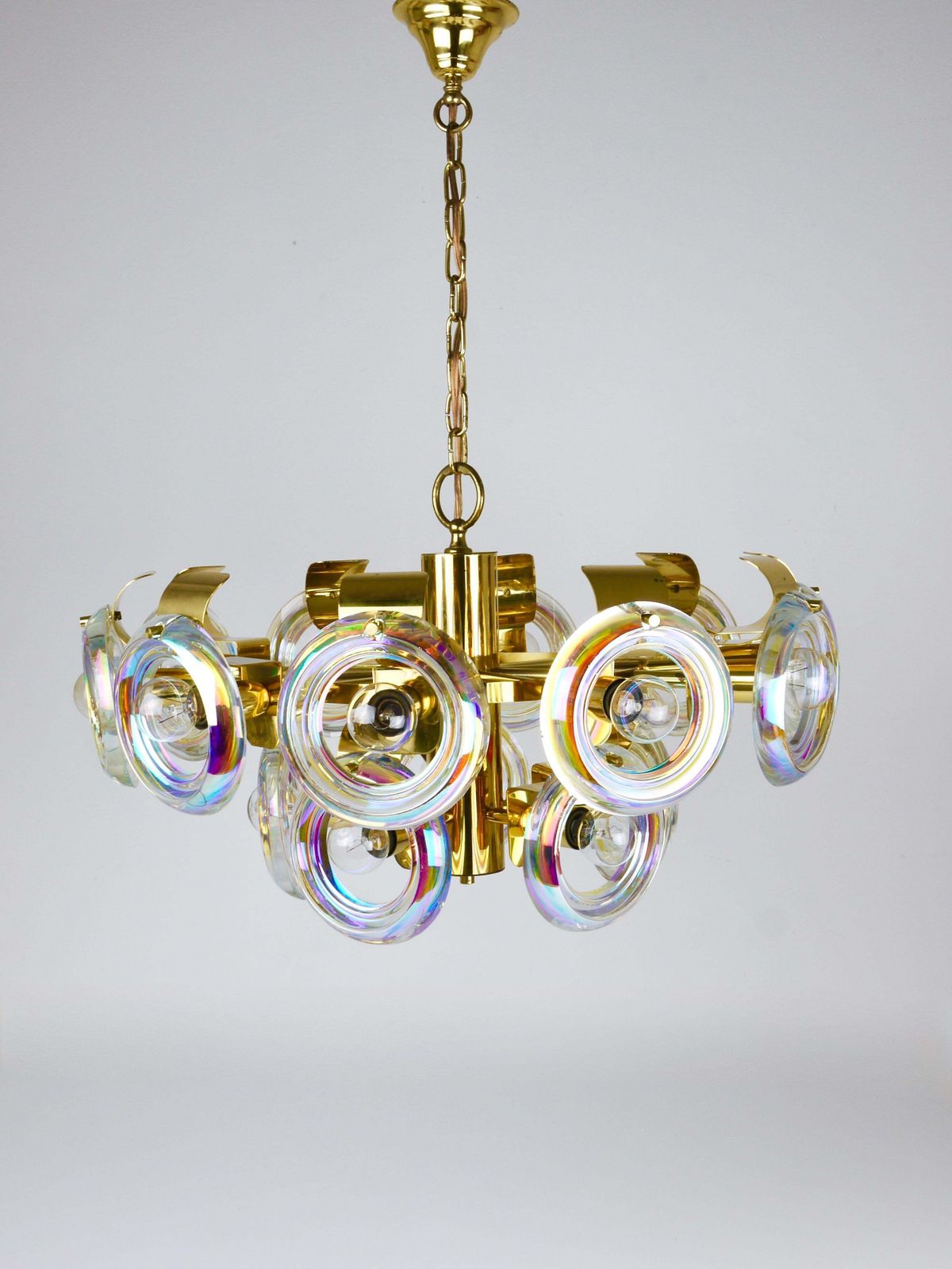 Oscar Torlasco Large Brass Chandelier, Optical Rainbow Glass Rings, Italy, 1970s photo for sale