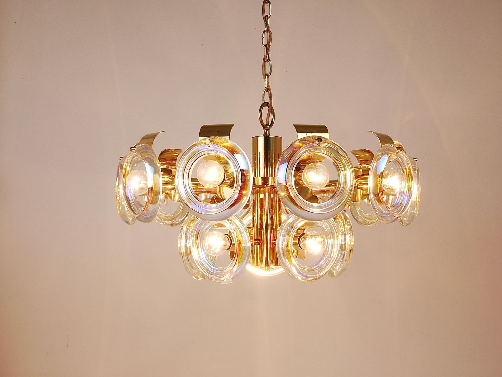 photo furniture Oscar Torlasco Large Brass Chandelier, Optical Rainbow Glass Rings, Italy, 1970s