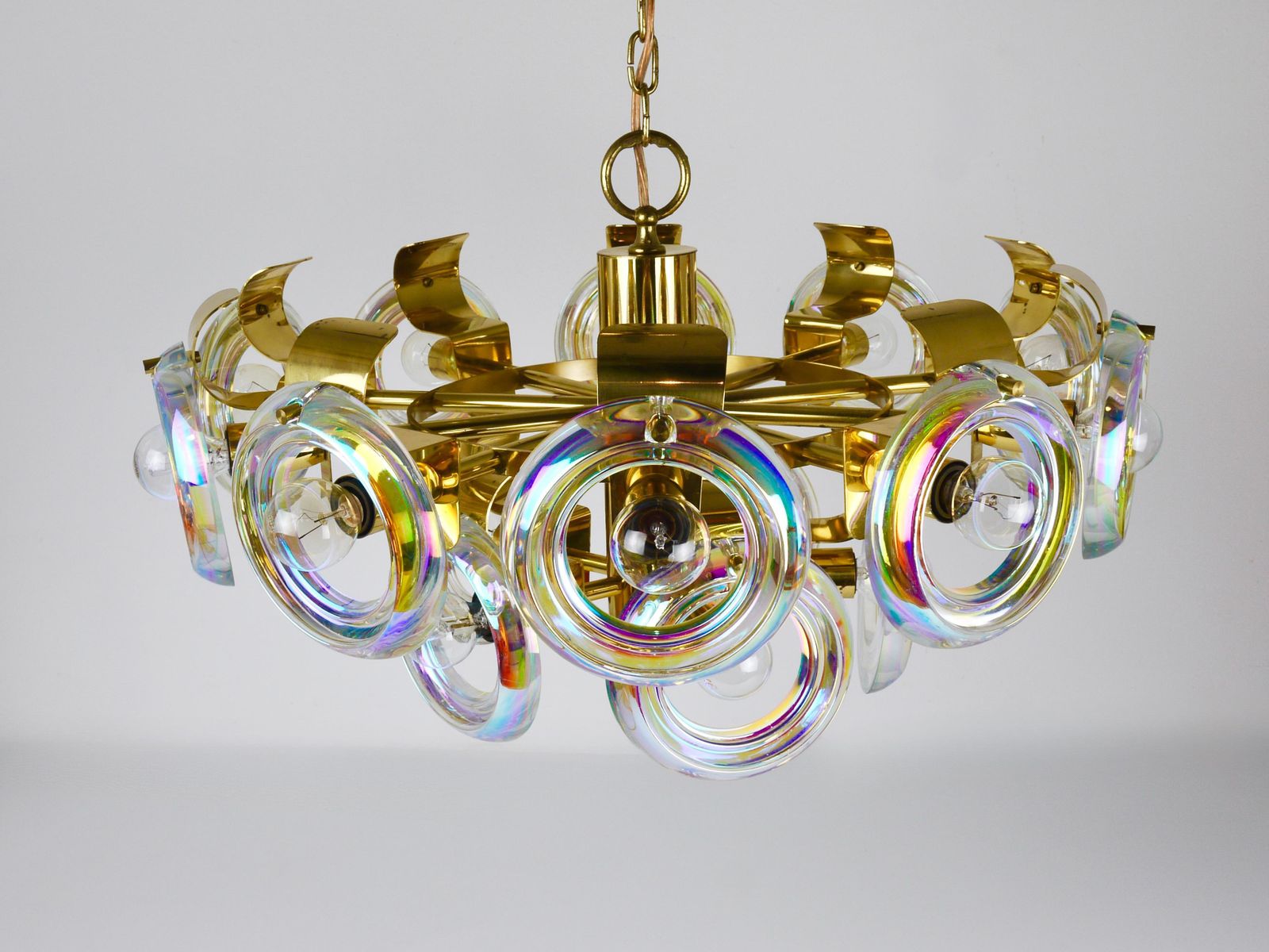 Lighting Oscar Torlasco Large Brass Chandelier, Optical Rainbow Glass Rings, Italy, 1970s photo