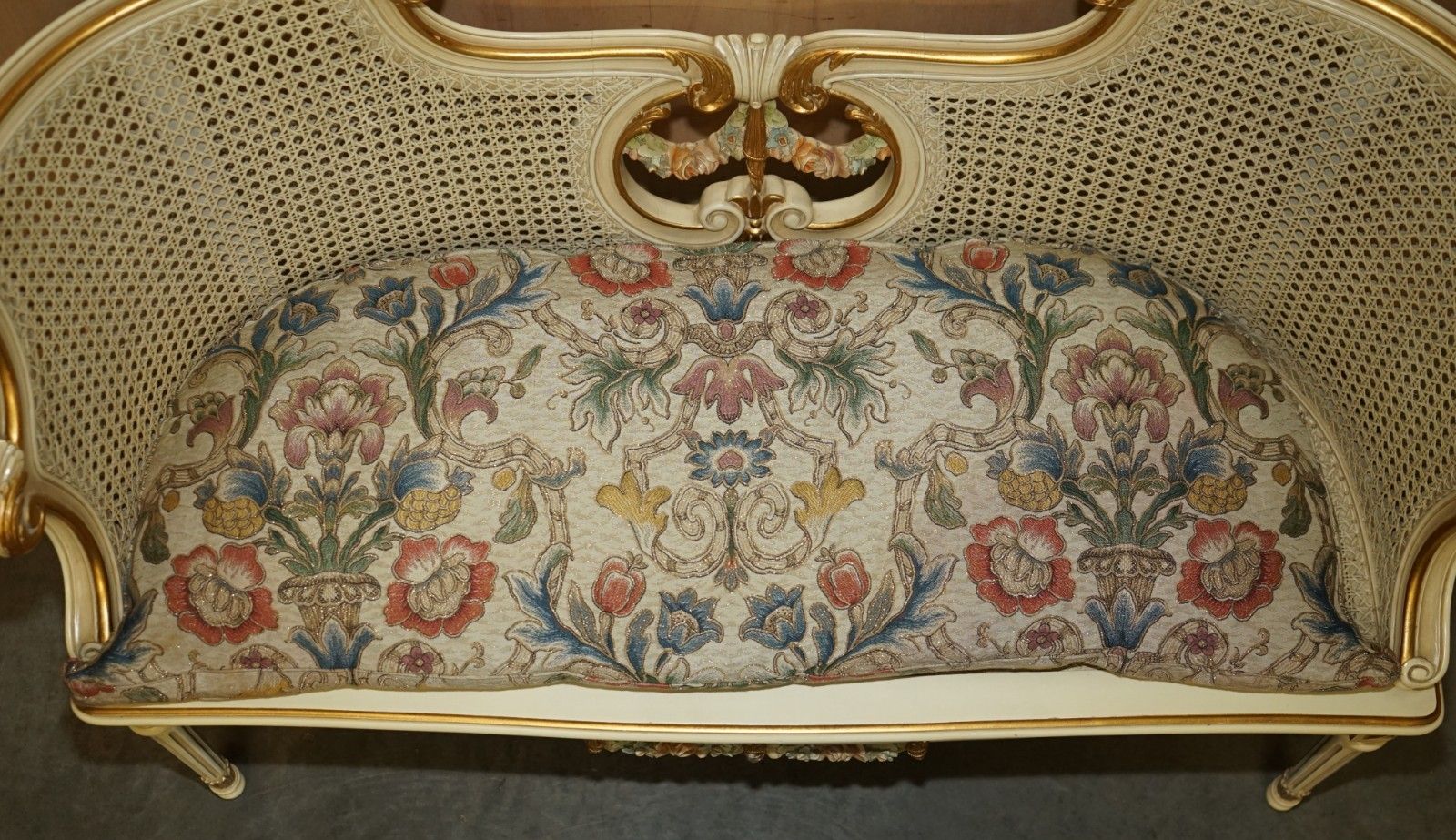 Antique Gold & Silver Leaf Embroidered French Louis Bergere Window Seat Bench photo 1950.0