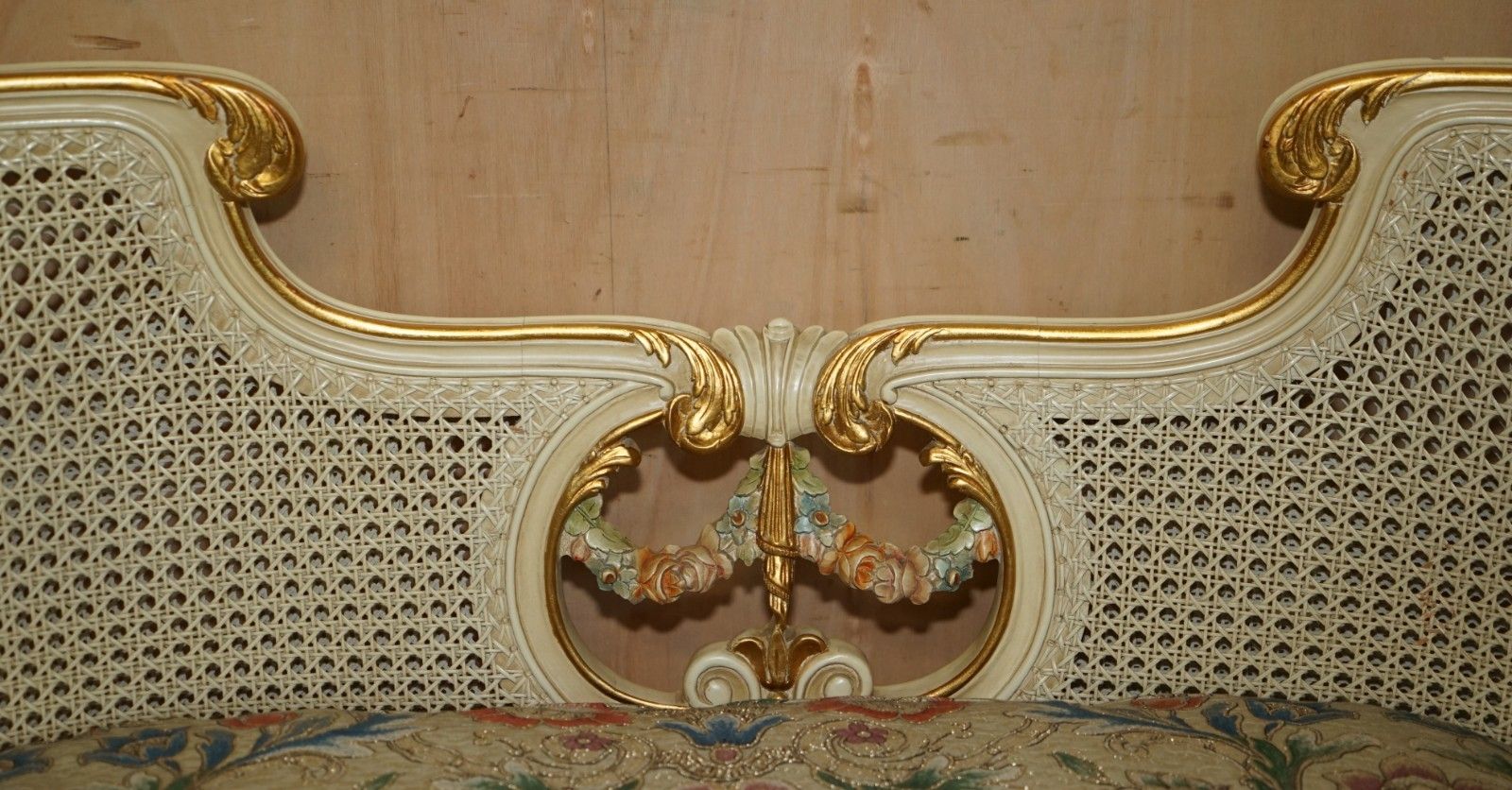 Antique Gold & Silver Leaf Embroidered French Louis Bergere Window Seat Bench photo vinterior