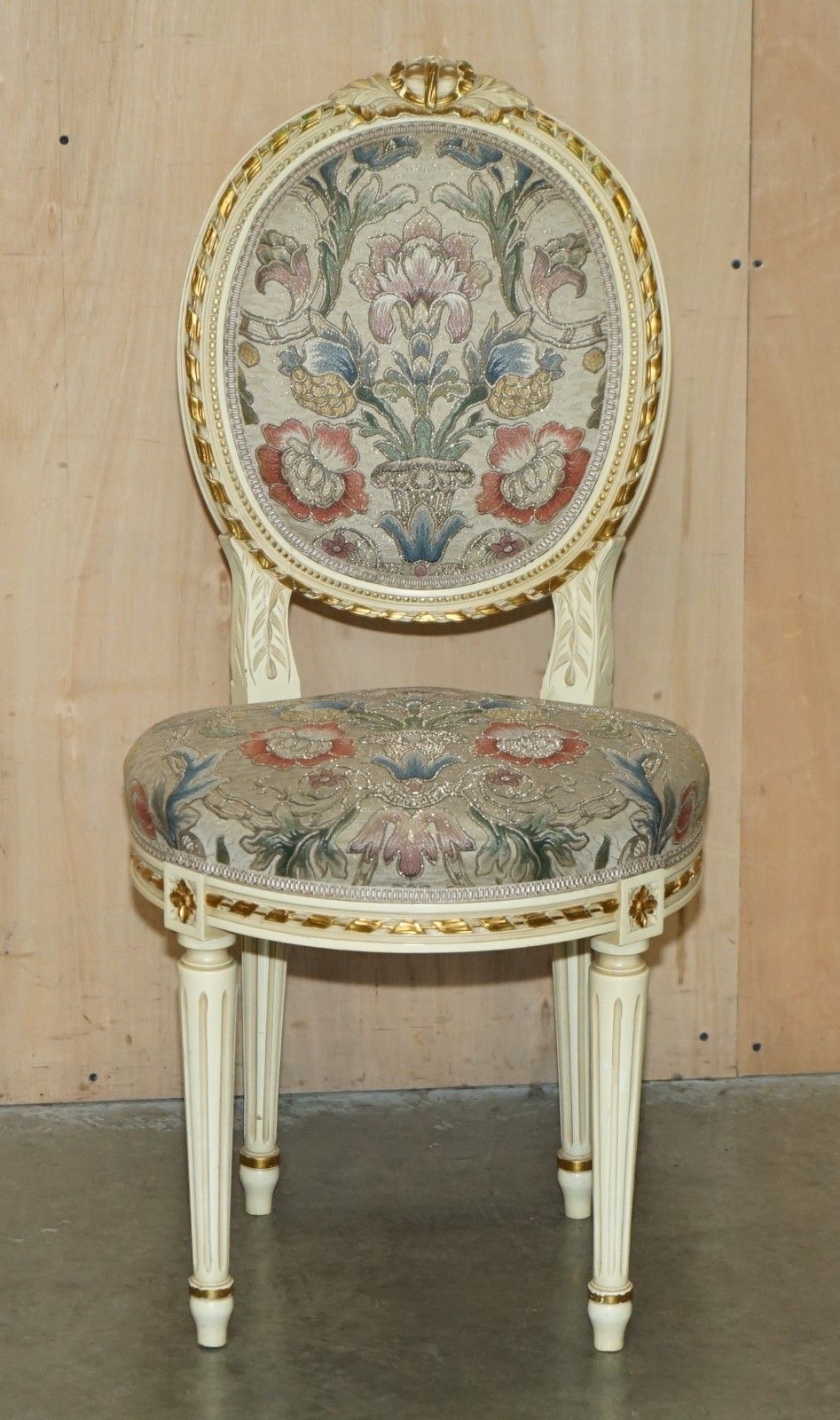 Four Stunning Antique Gold & Silver Leaf Embroidered French Louis Dining Chairs photo Furniture