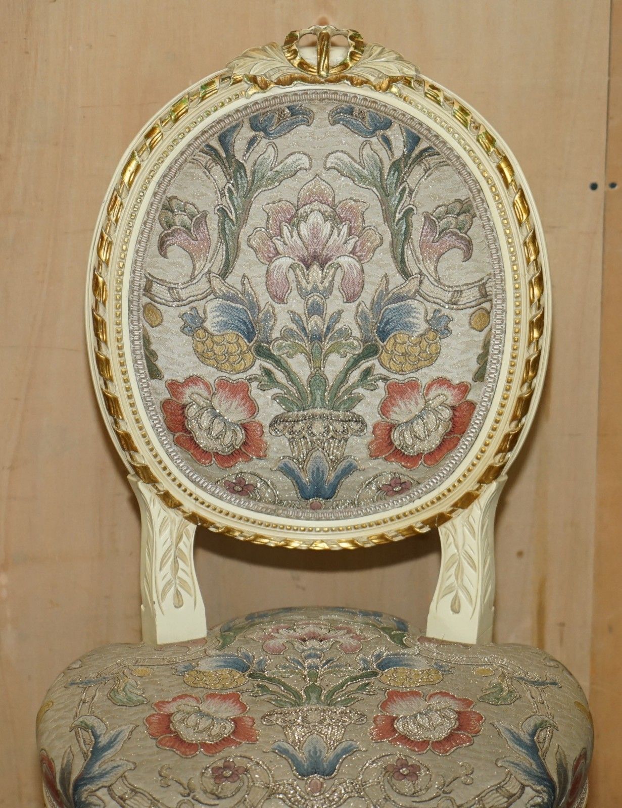 Four Stunning Antique Gold & Silver Leaf Embroidered French Louis Dining Chairs photo 2350.0