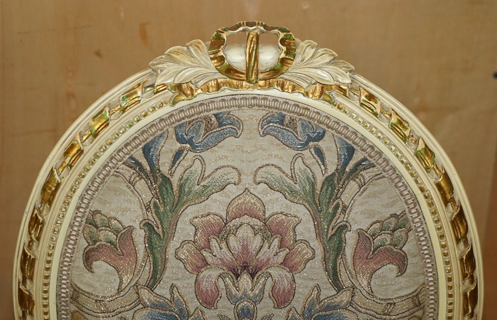 Four Stunning Antique Gold & Silver Leaf Embroidered French Louis Dining Chairs photo vinterior
