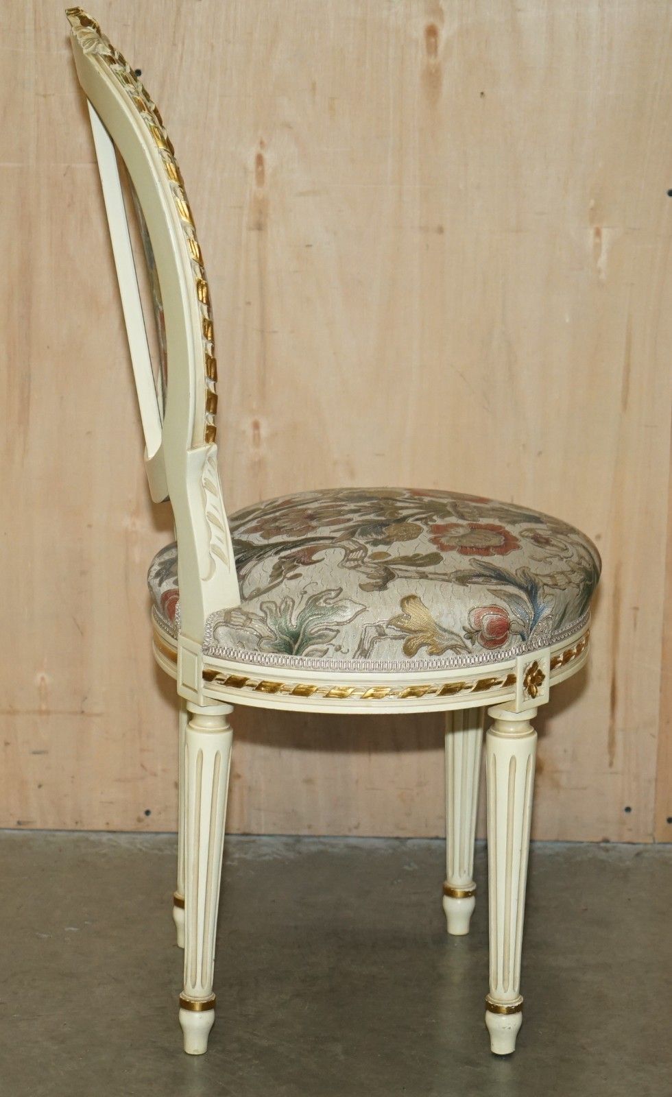 photo for sale Four Stunning Antique Gold & Silver Leaf Embroidered French Louis Dining Chairs