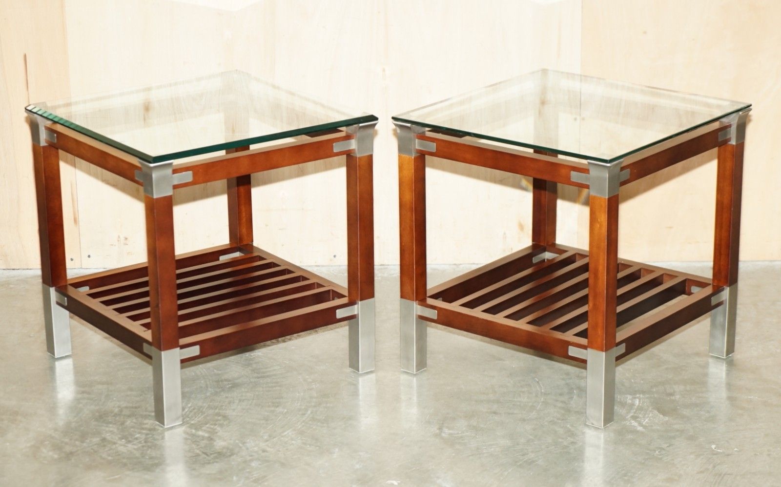 Pair Of Vintage Pierre Vandel Paris Mahogany Pewter & Glass Side Lamp End Tables photo furniture