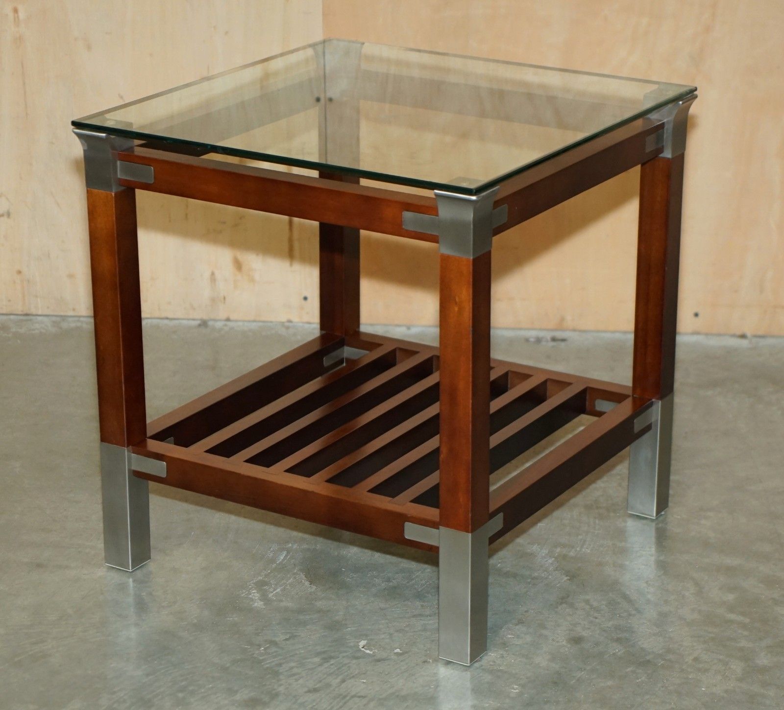 photo vintage Pair Of Vintage Pierre Vandel Paris Mahogany Pewter & Glass Side Lamp End Tables