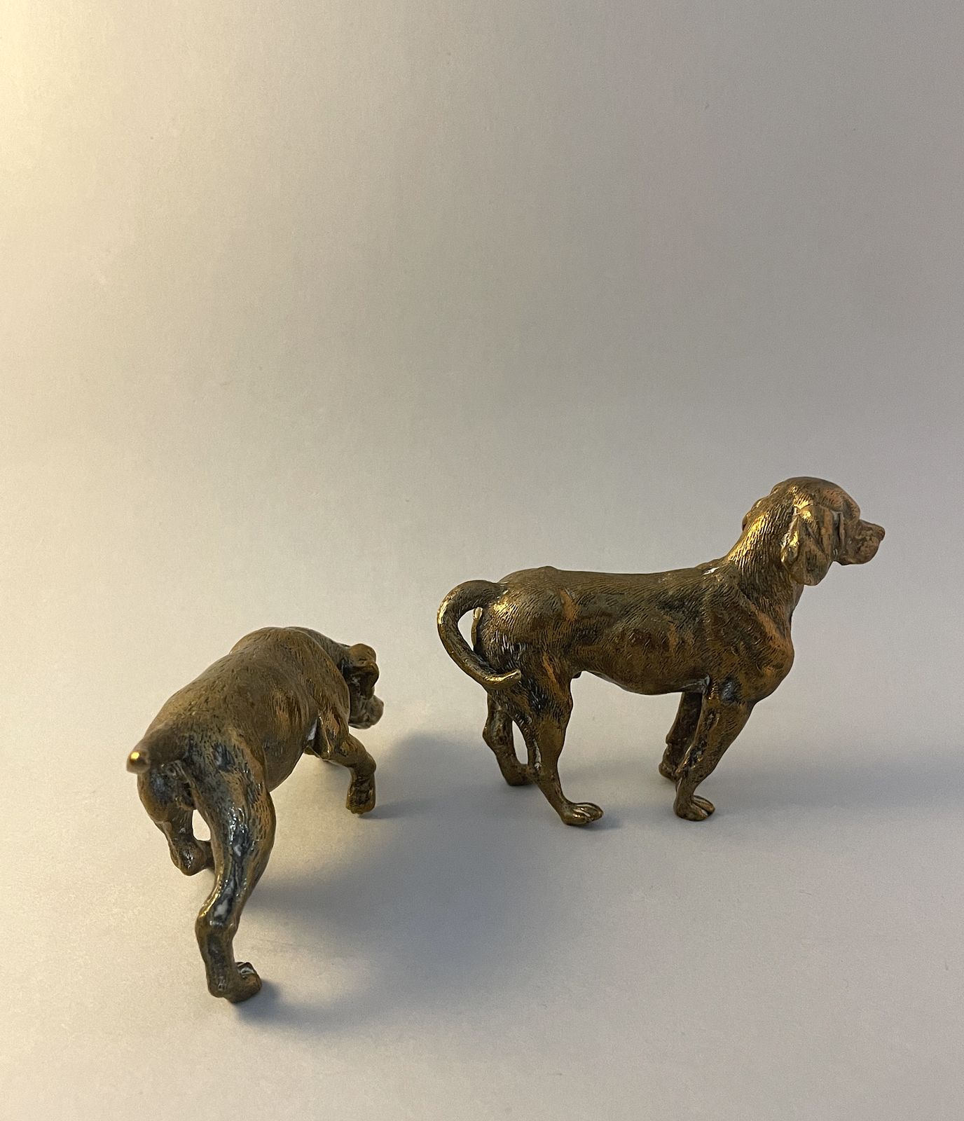 Set Of Two Antique Bronze Hunting Dog Statues, Detailed Pointer/Spaniel Dog Heavy Metal Sculpture Ornaments photo for sale