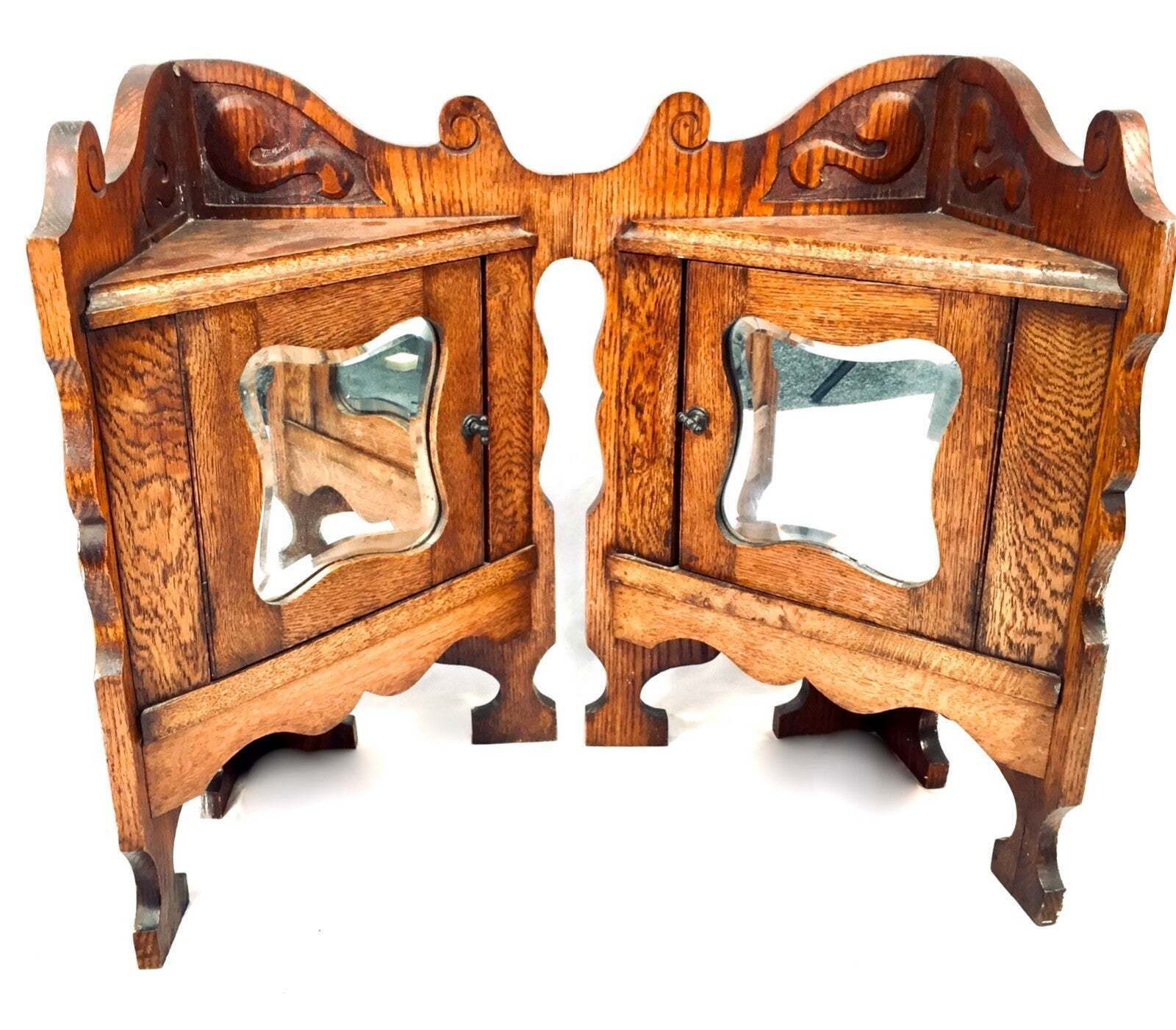 Antique Pair Of Corner Oak Wood Wall Cabinets / Mirror Fronts / Cupboards C.1900