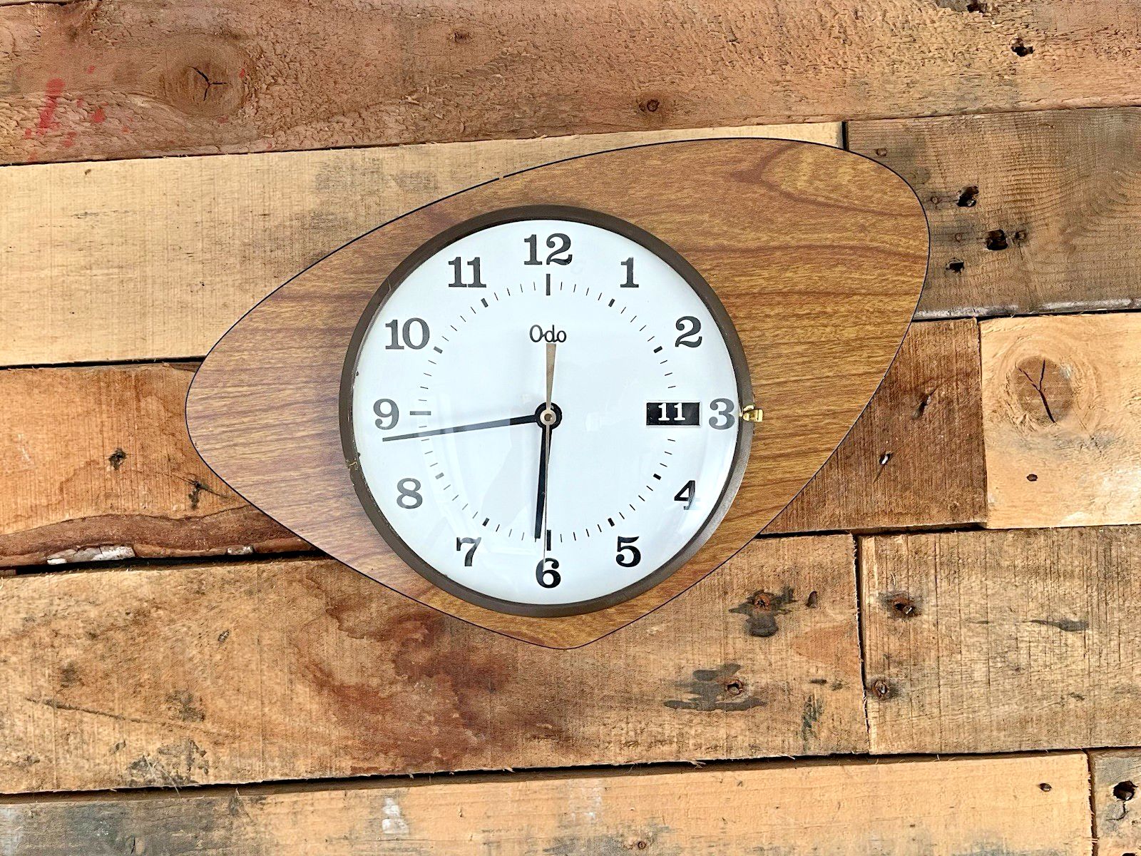 Mid Century Modern 60's Odo Faux Teak Wood Wall Clock Perpetual Calendar Vintage photo vintage