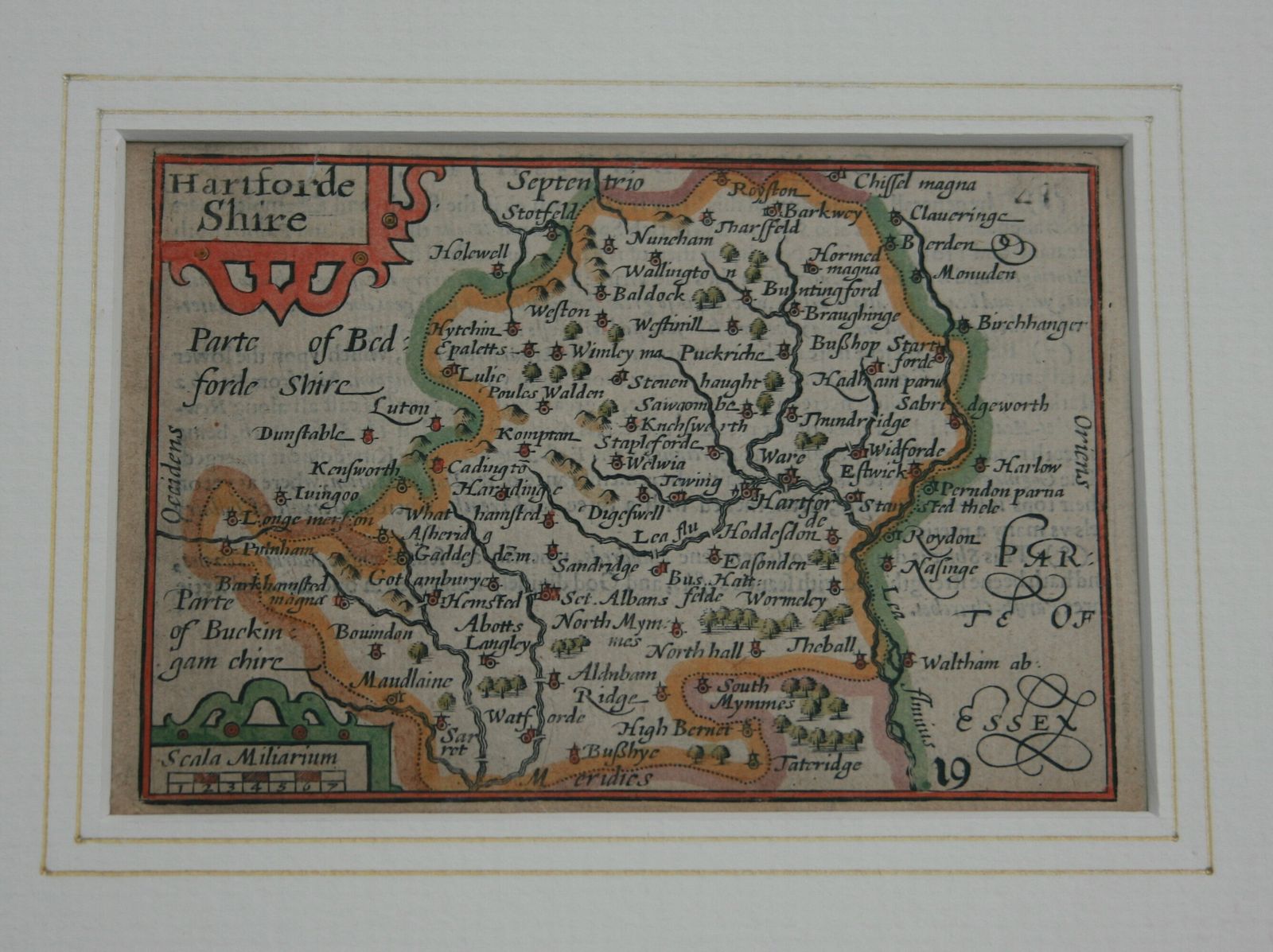 Framed Antique Map ‘Hartforde Shire’ (Hertfordshire) By Pieter Van Den Keere (‘Miniature Speed’) C.1627 photo furniture