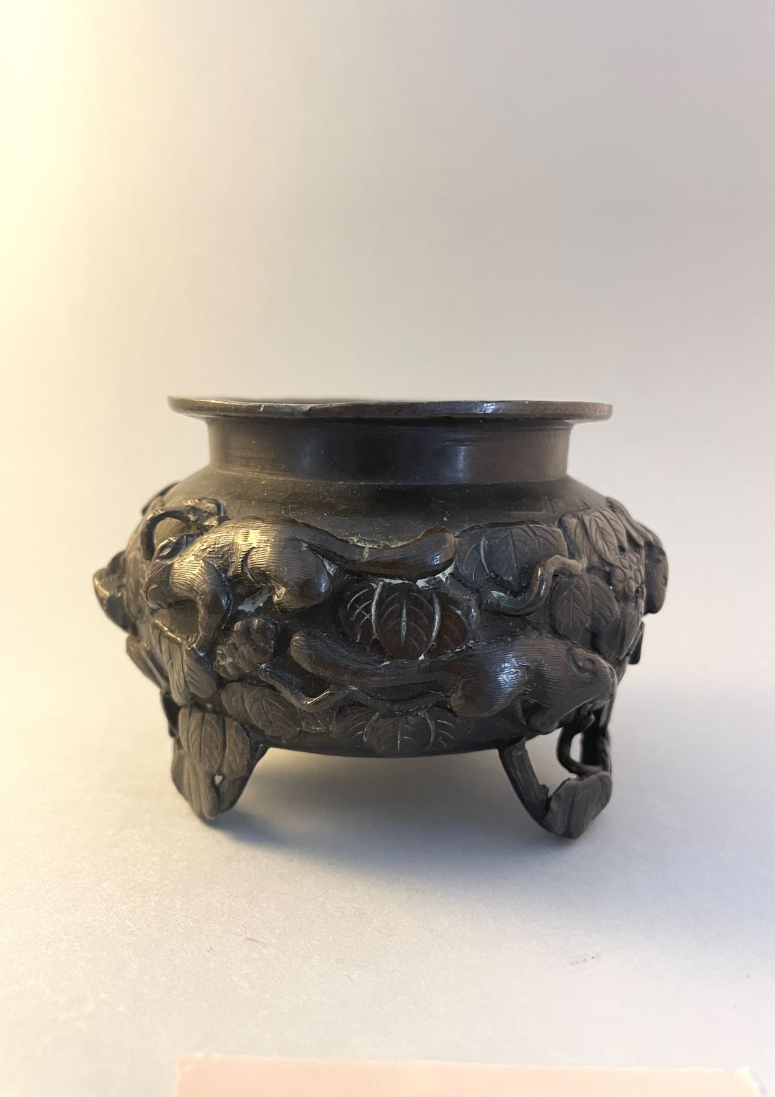 Antique Chinese Bronze Censer On Three Feet Adorned With Animals & Foliage photo furniture