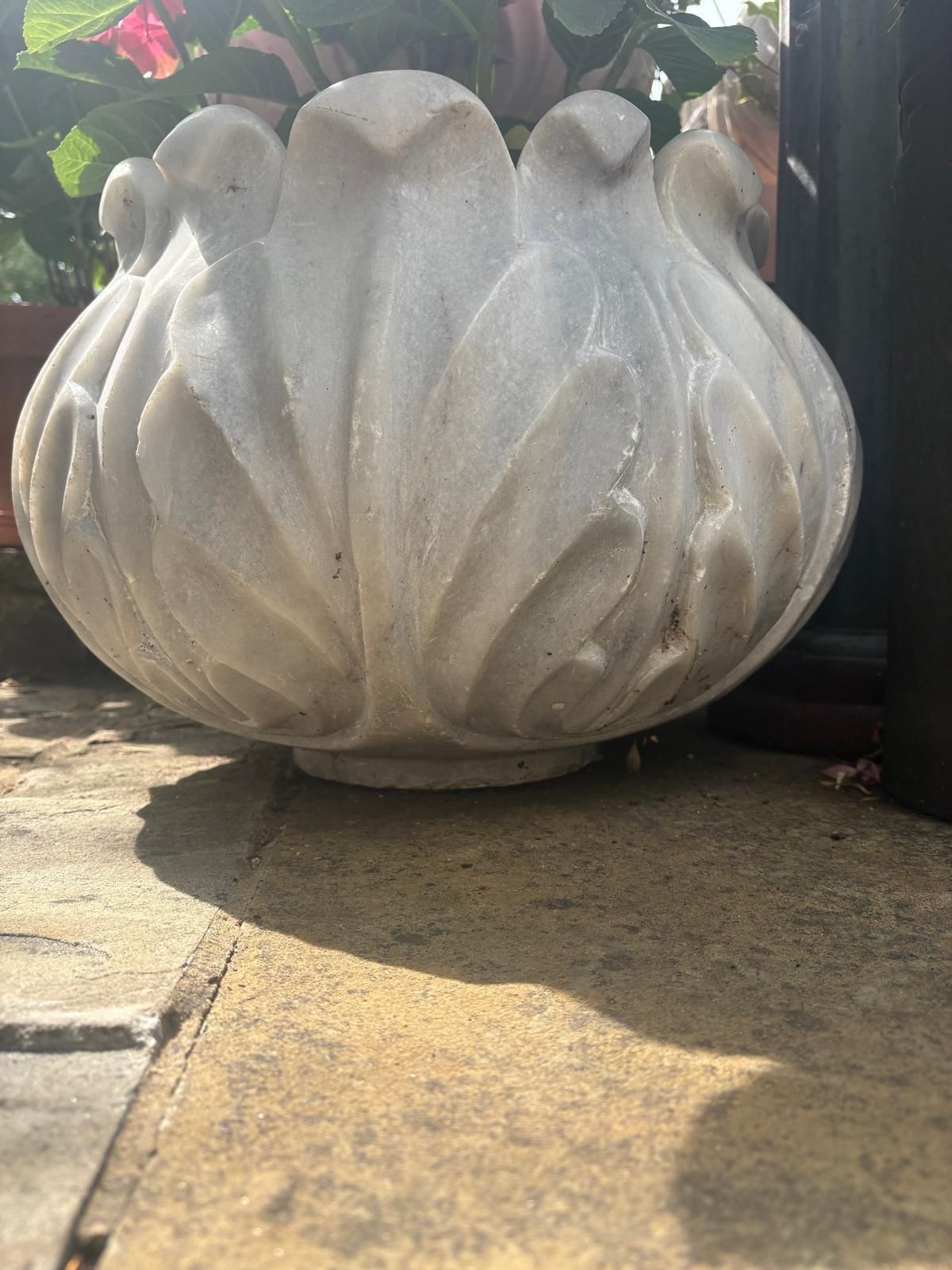 Variety 20th Century Hand Carved  Marble Planters Leaf Pattern, Scalloped / Round Top photo for sale