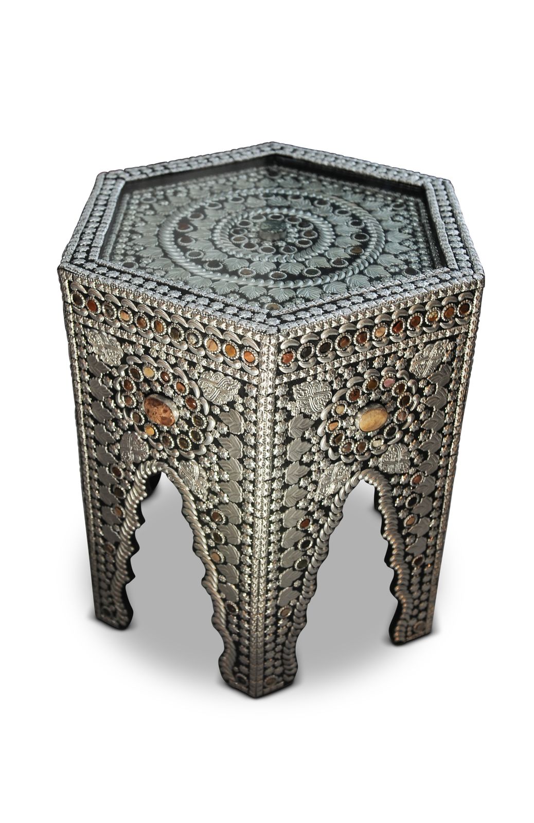 Furniture Pietra Dura Handcrafted Decorative Hexagonal Glazed Coffee Table Mounted With Semi Precious Stones From Asia photo