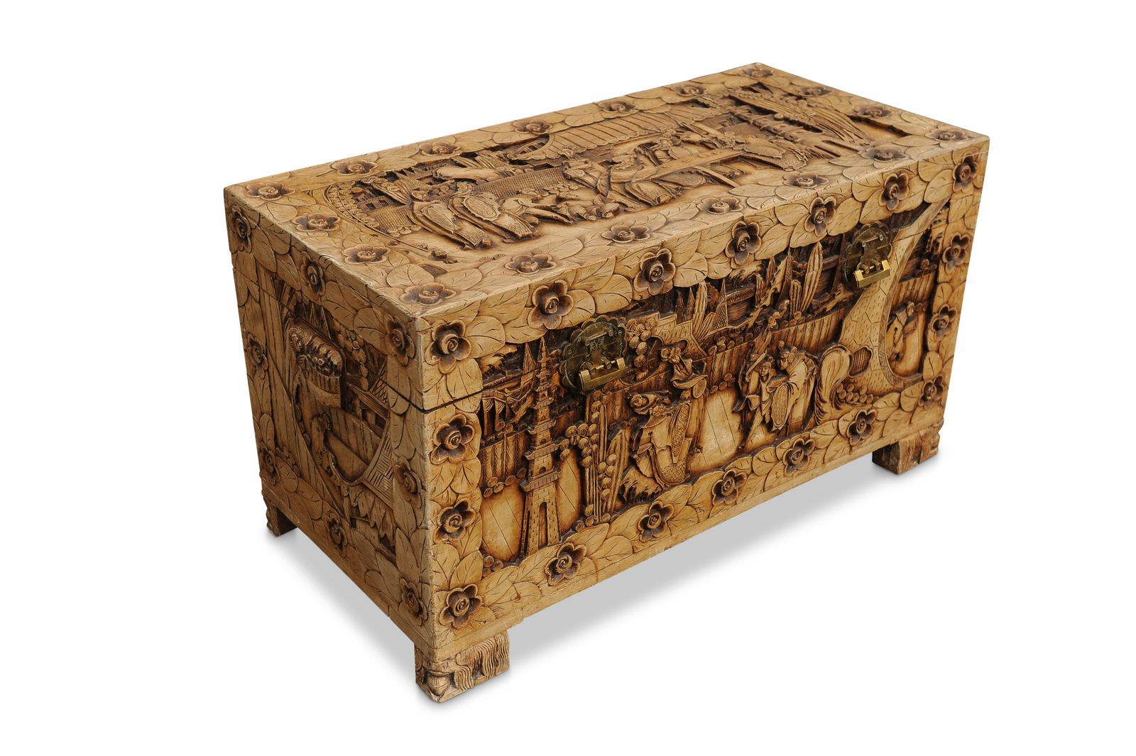 An Exquisite Carved Chinese Export Camphor Chest With Etched Brass Lock Fitted With A Removable Glass Top & Interior Lift Out Tray photo Furniture